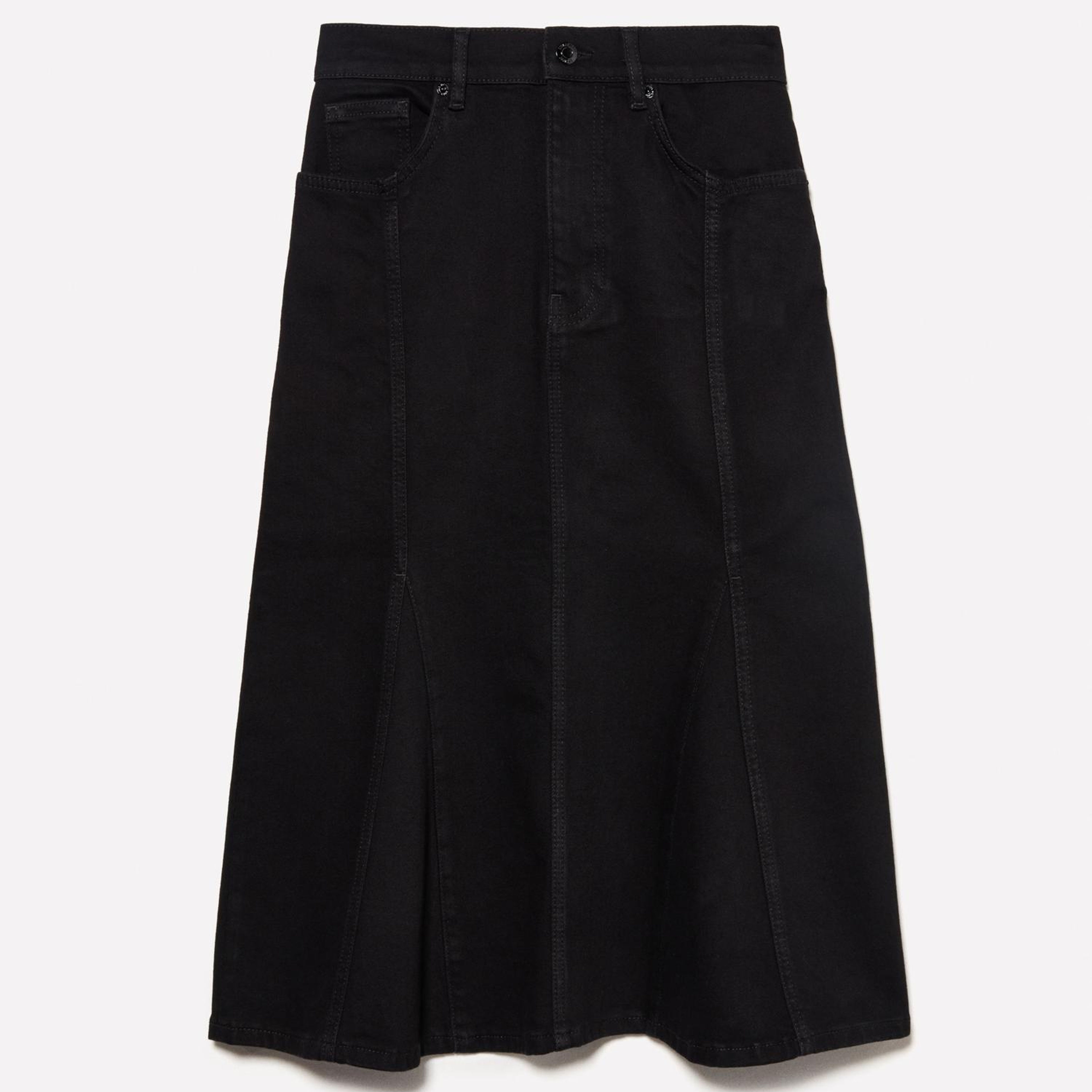 Kadın Siyah Pamuklu Düğmeli Kloş Yüksek Bel Midi Denim Etek