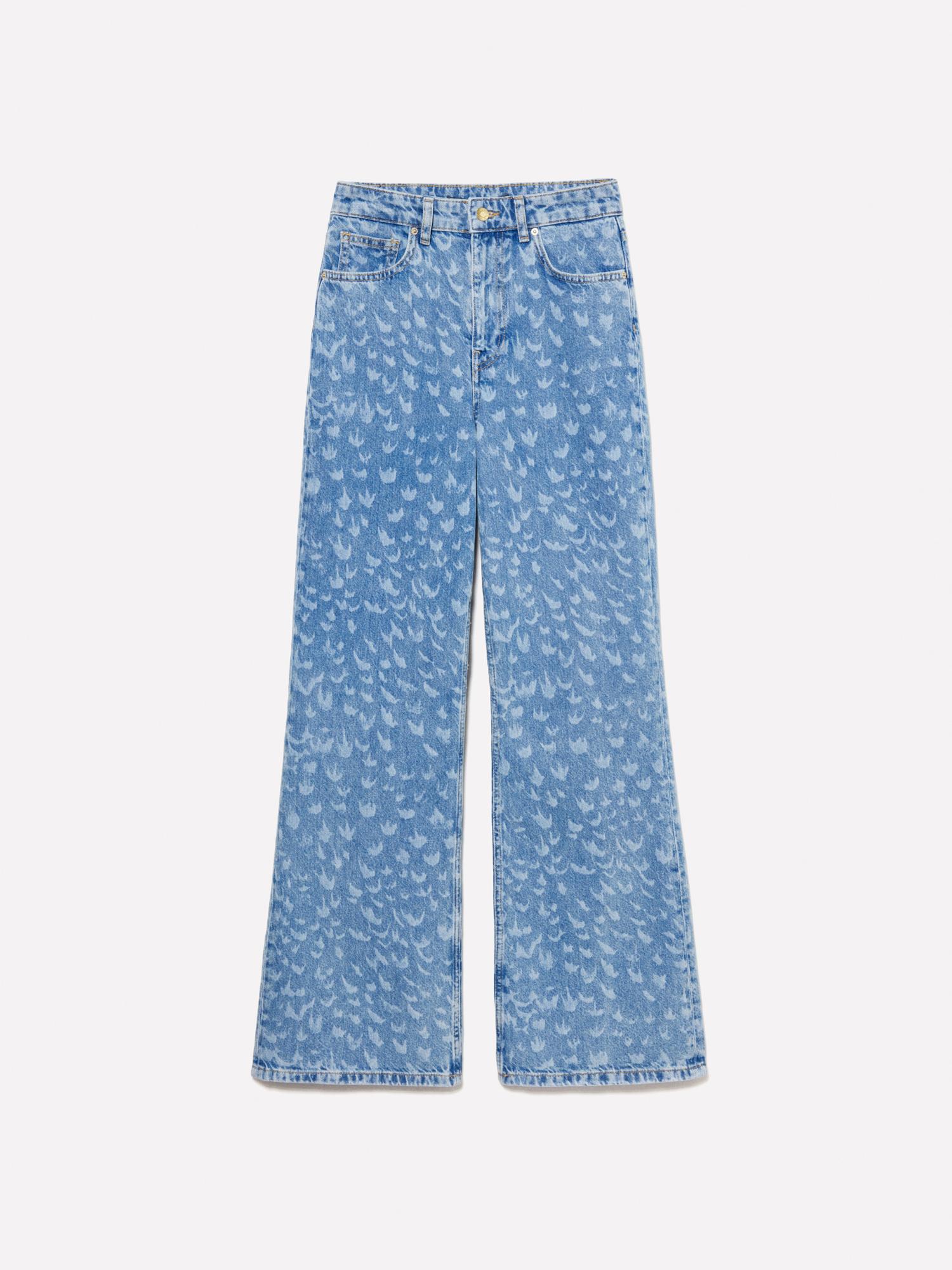 Kadın Açık Denim %100 Pamuk Baskılı Normal Bel Geniş Paça Denim Pantolon