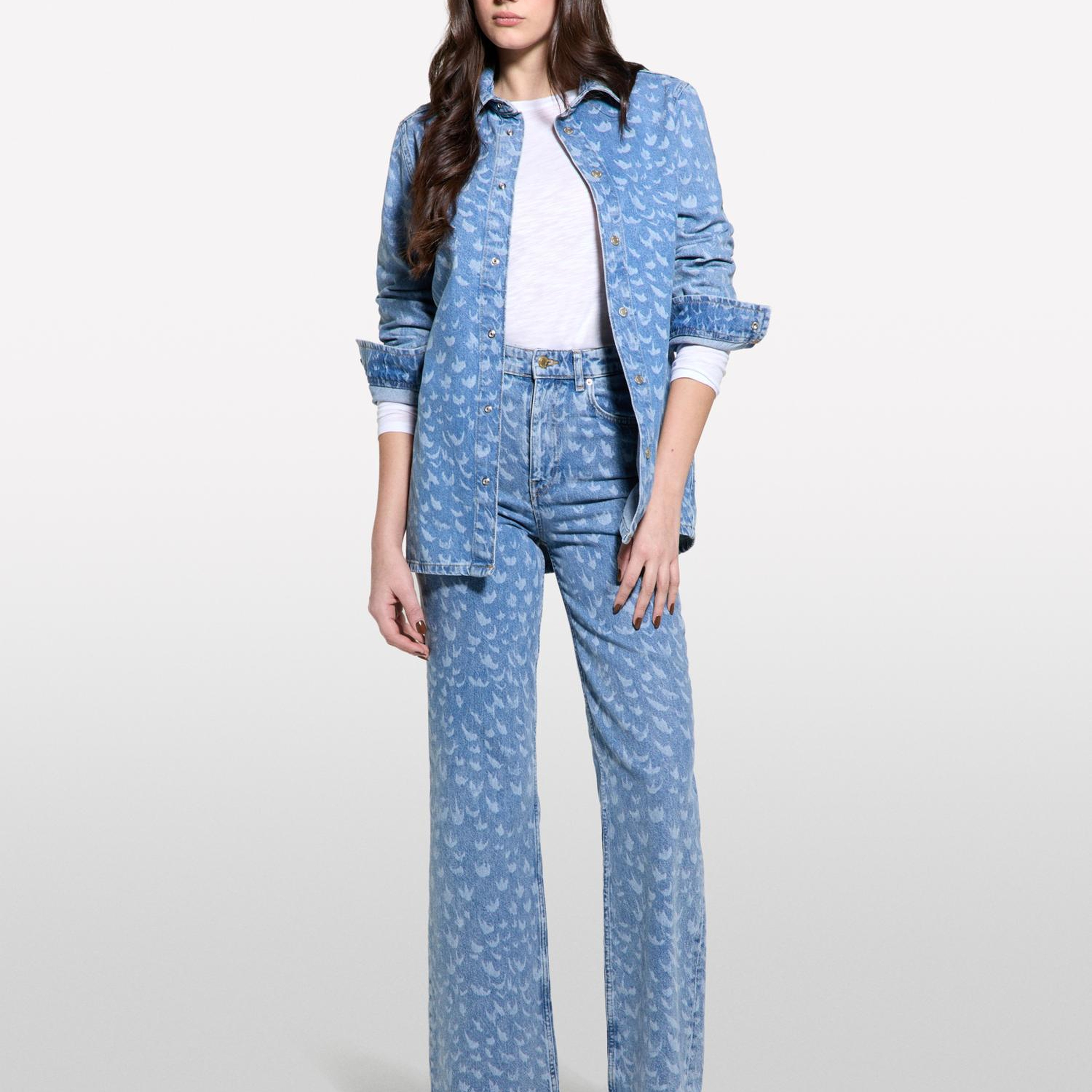 Kadın Açık Denim %100 Pamuk Baskılı Normal Bel Geniş Paça Denim Pantolon