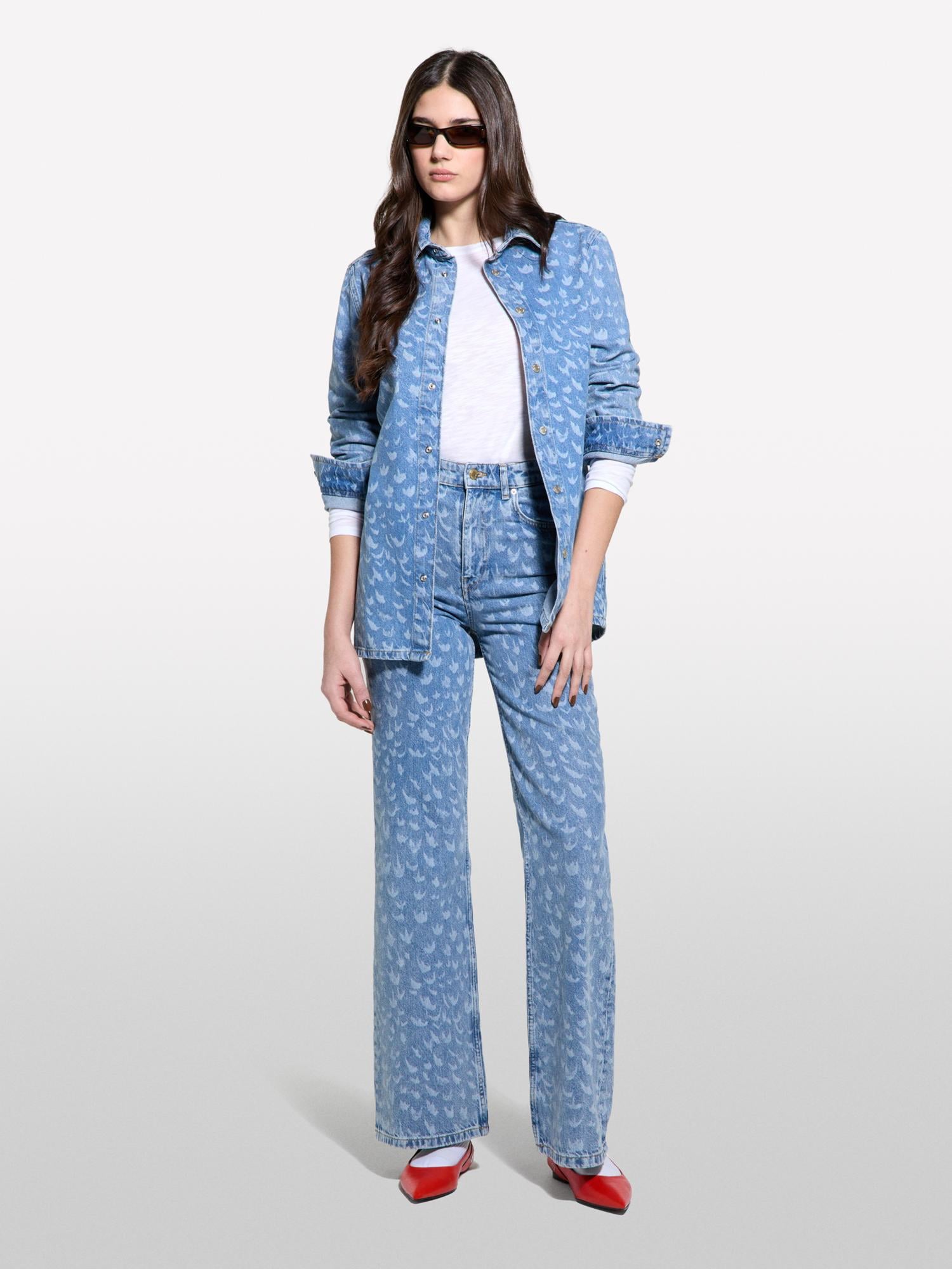 Kadın Açık Denim %100 Pamuk Baskılı Normal Bel Geniş Paça Denim Pantolon