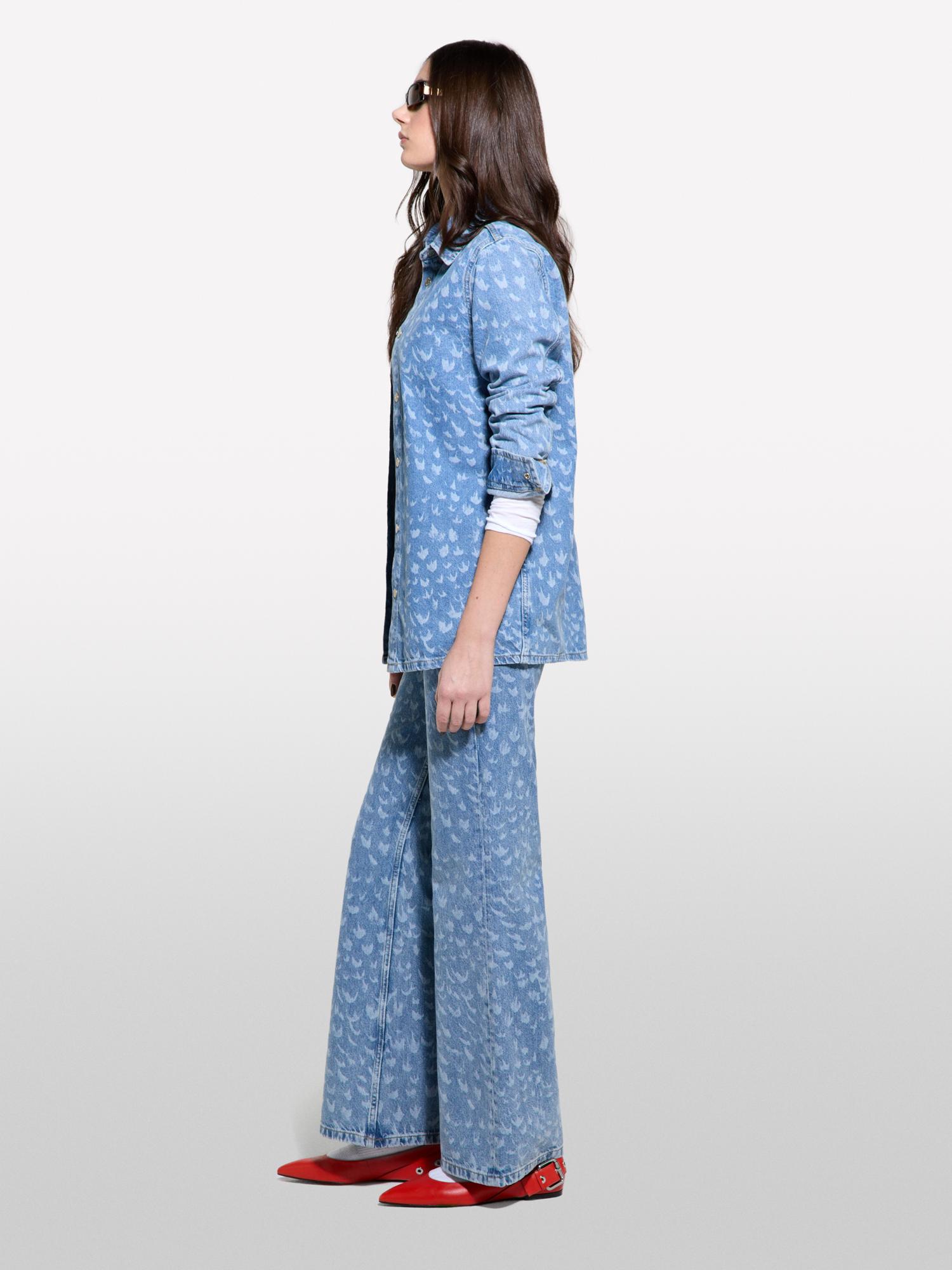 Kadın Açık Denim %100 Pamuk Baskılı Normal Bel Geniş Paça Denim Pantolon