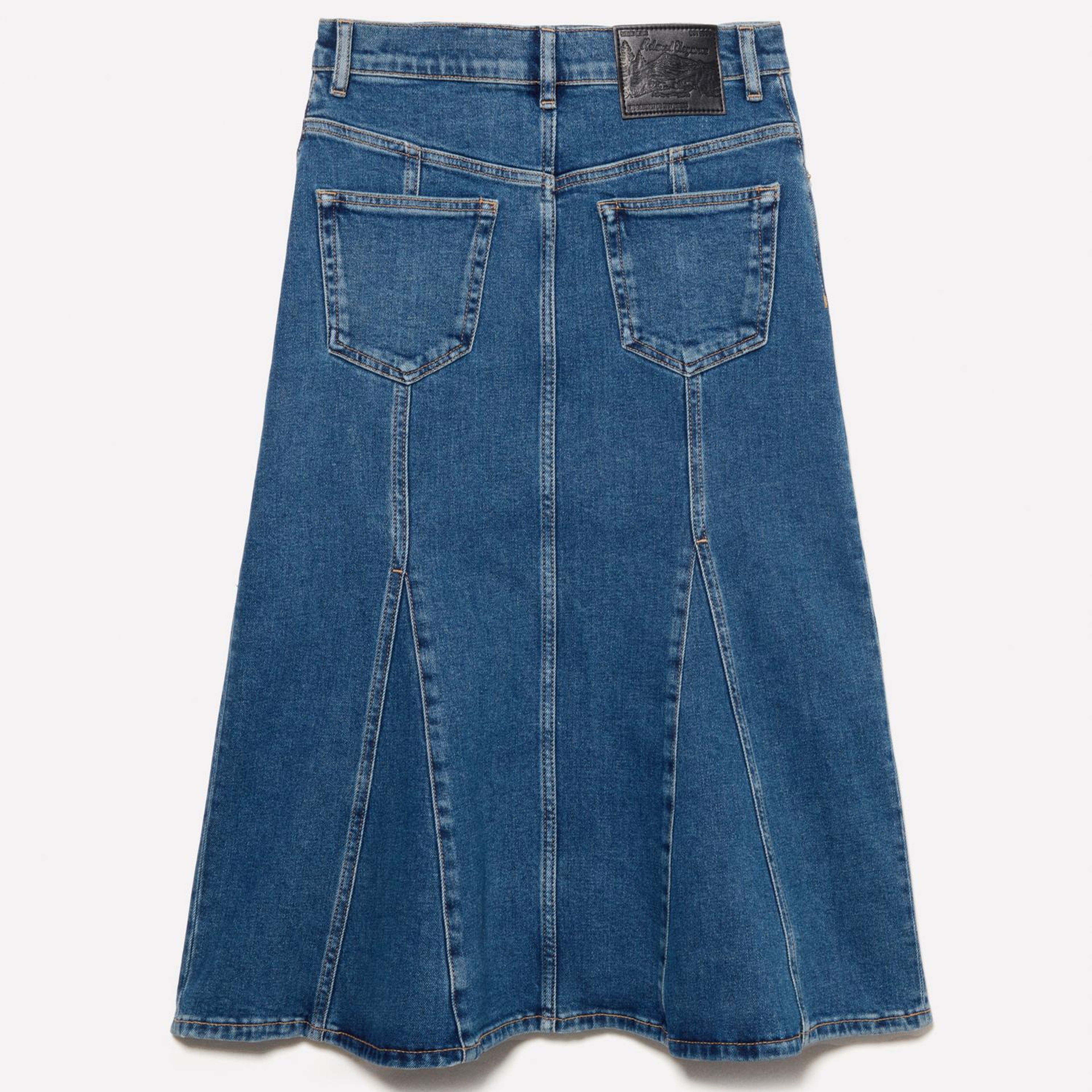Kadın Koyu Denim Pamuklu Düğmeli Kloş Yüksek Bel Midi Denim Etek