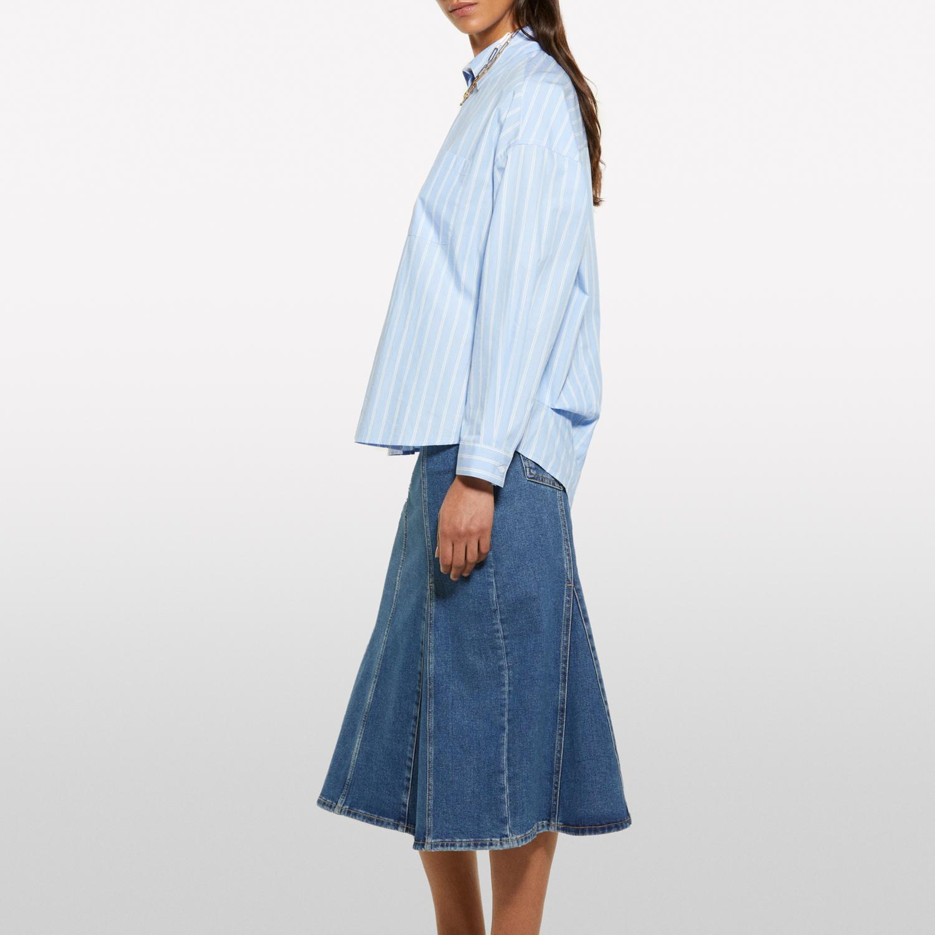 Kadın Koyu Denim Pamuklu Düğmeli Kloş Yüksek Bel Midi Denim Etek