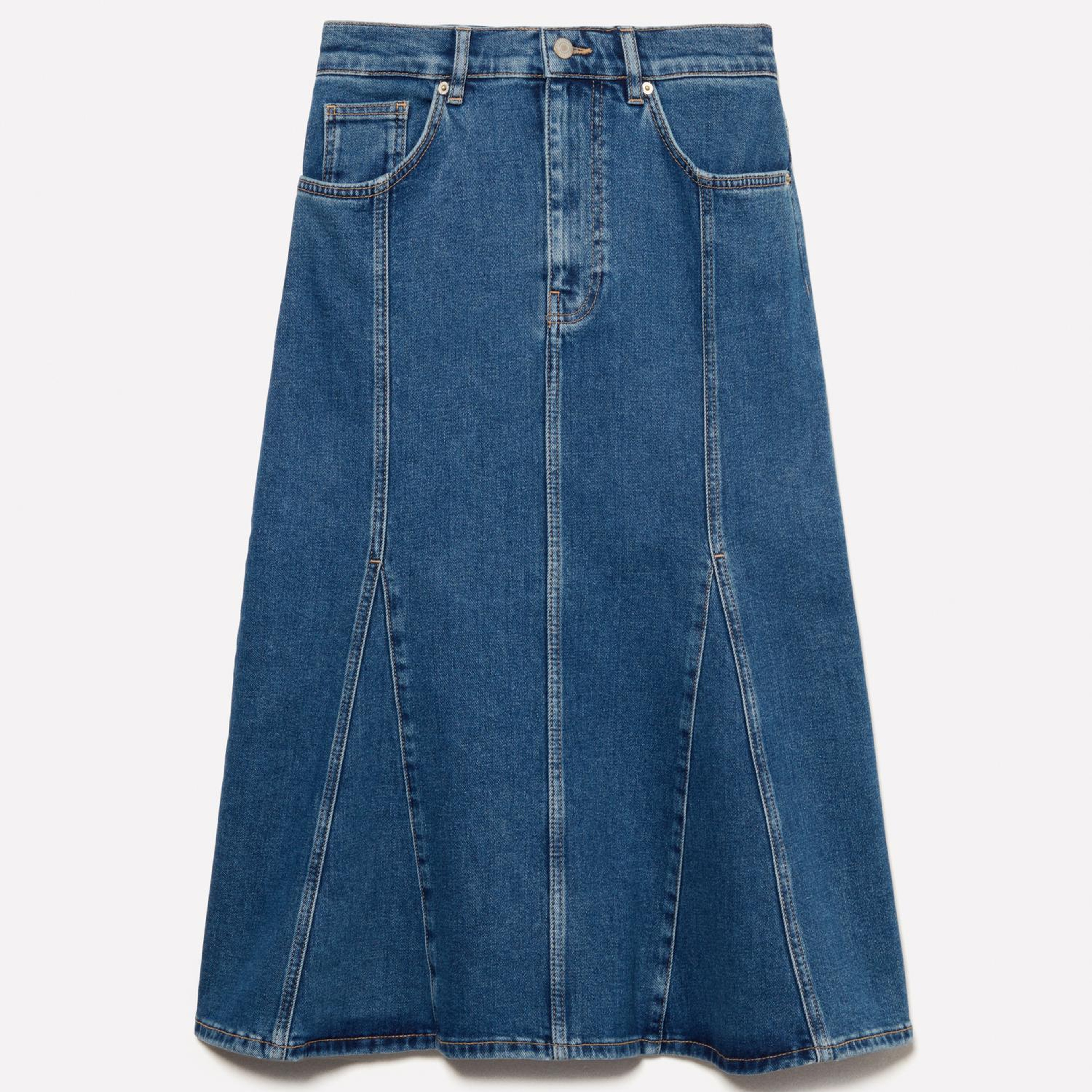 Kadın Koyu Denim Pamuklu Düğmeli Kloş Yüksek Bel Midi Denim Etek