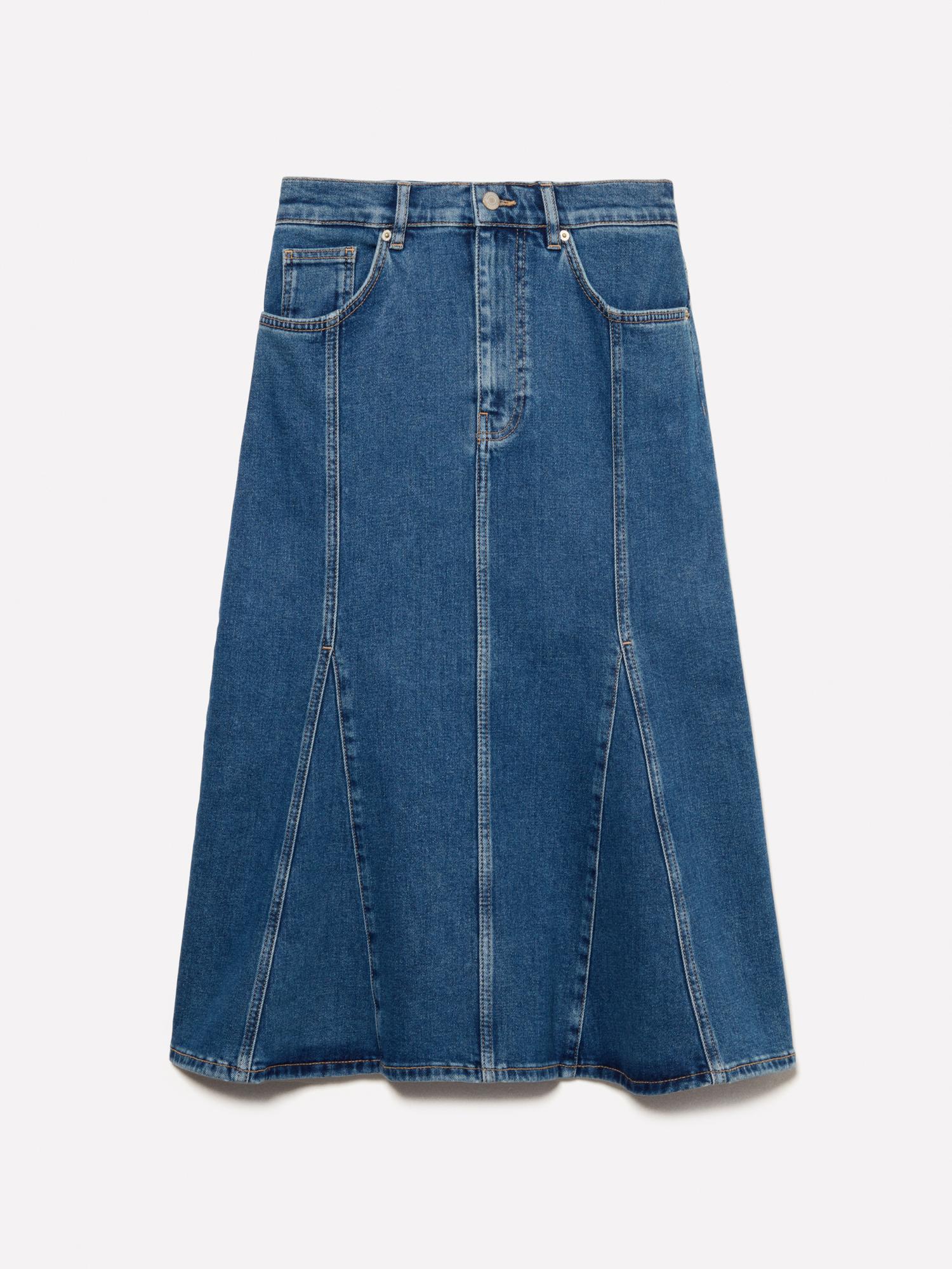 Kadın Koyu Denim Pamuklu Düğmeli Kloş Yüksek Bel Midi Denim Etek