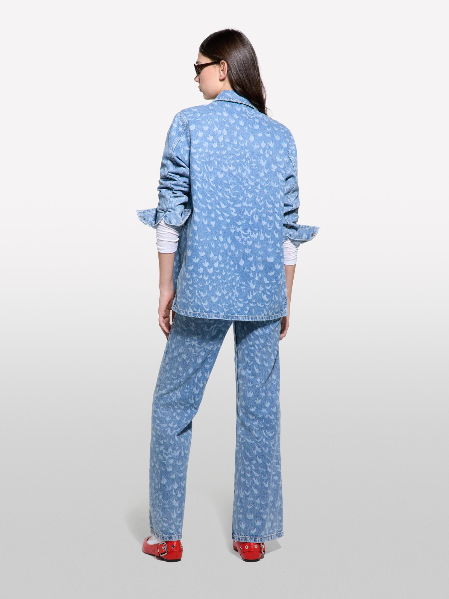 Kadın Açık Denim %100 Pamuk Baskılı Normal Bel Geniş Paça Denim Pantolon