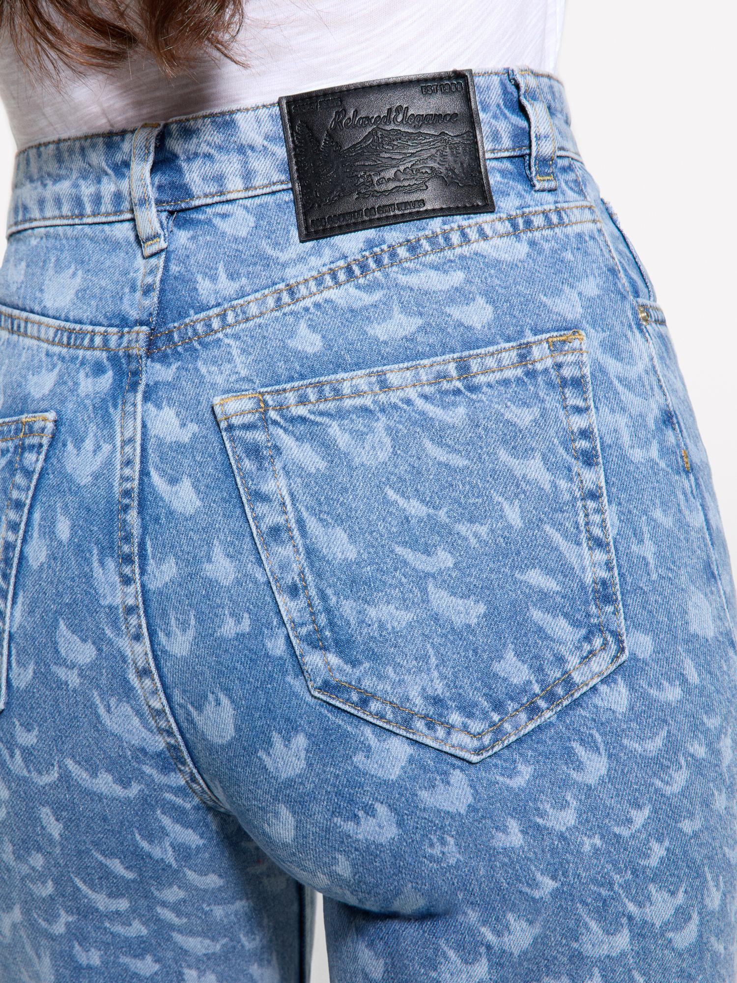 Kadın Açık Denim %100 Pamuk Baskılı Normal Bel Geniş Paça Denim Pantolon