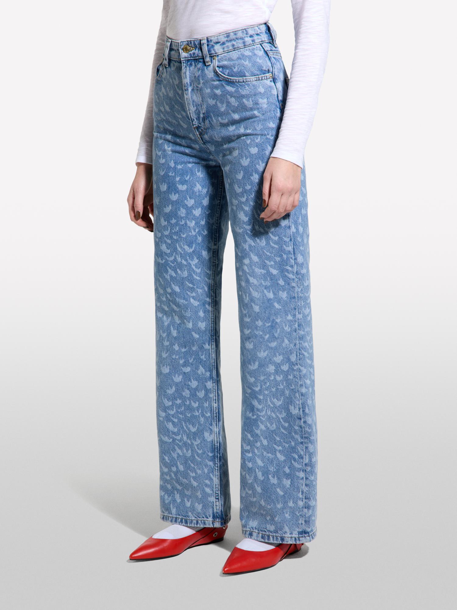 Kadın Açık Denim %100 Pamuk Baskılı Normal Bel Geniş Paça Denim Pantolon