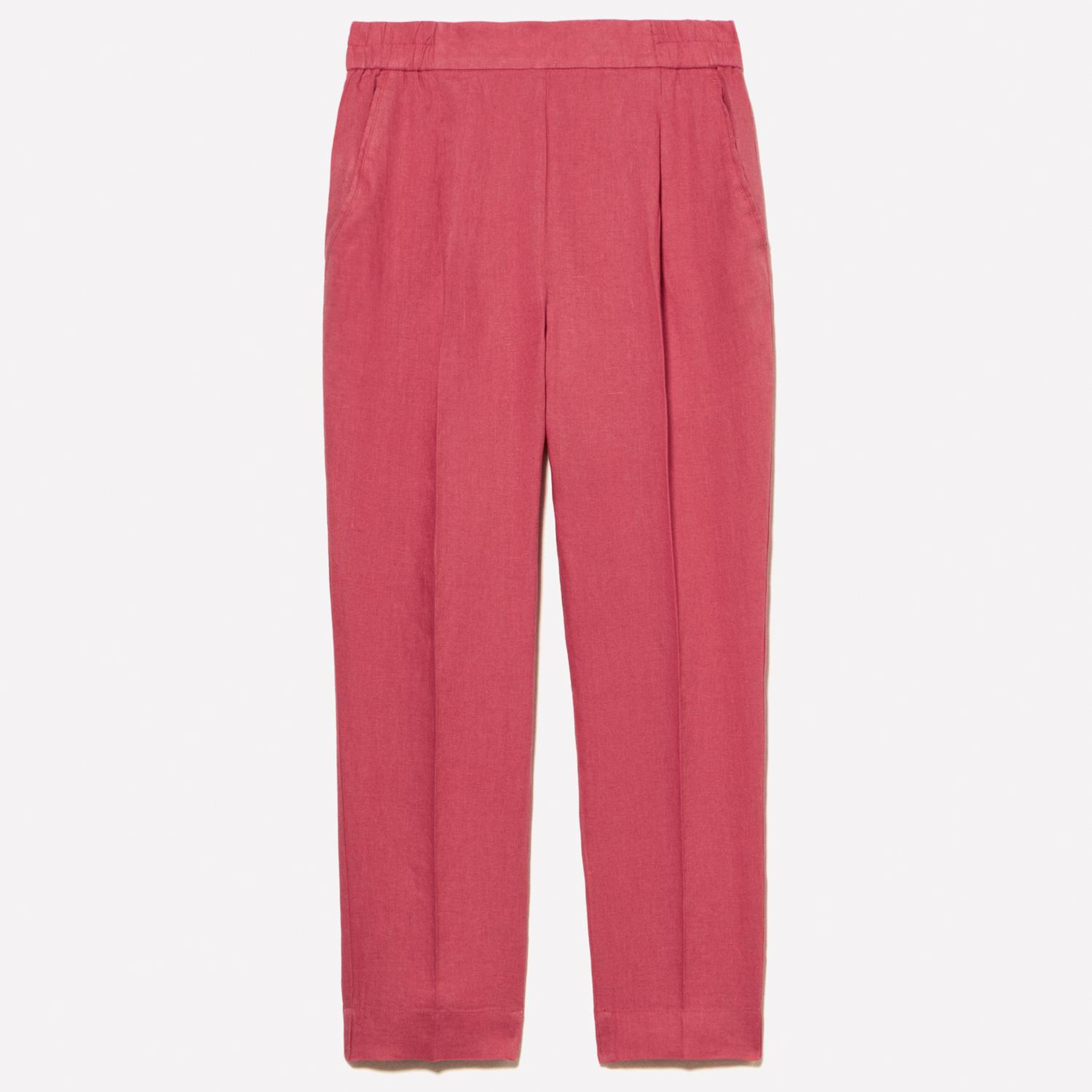 Kadın Koyu Pembe %100 Keten Beli Lastikli Önü Pileli Pantolon