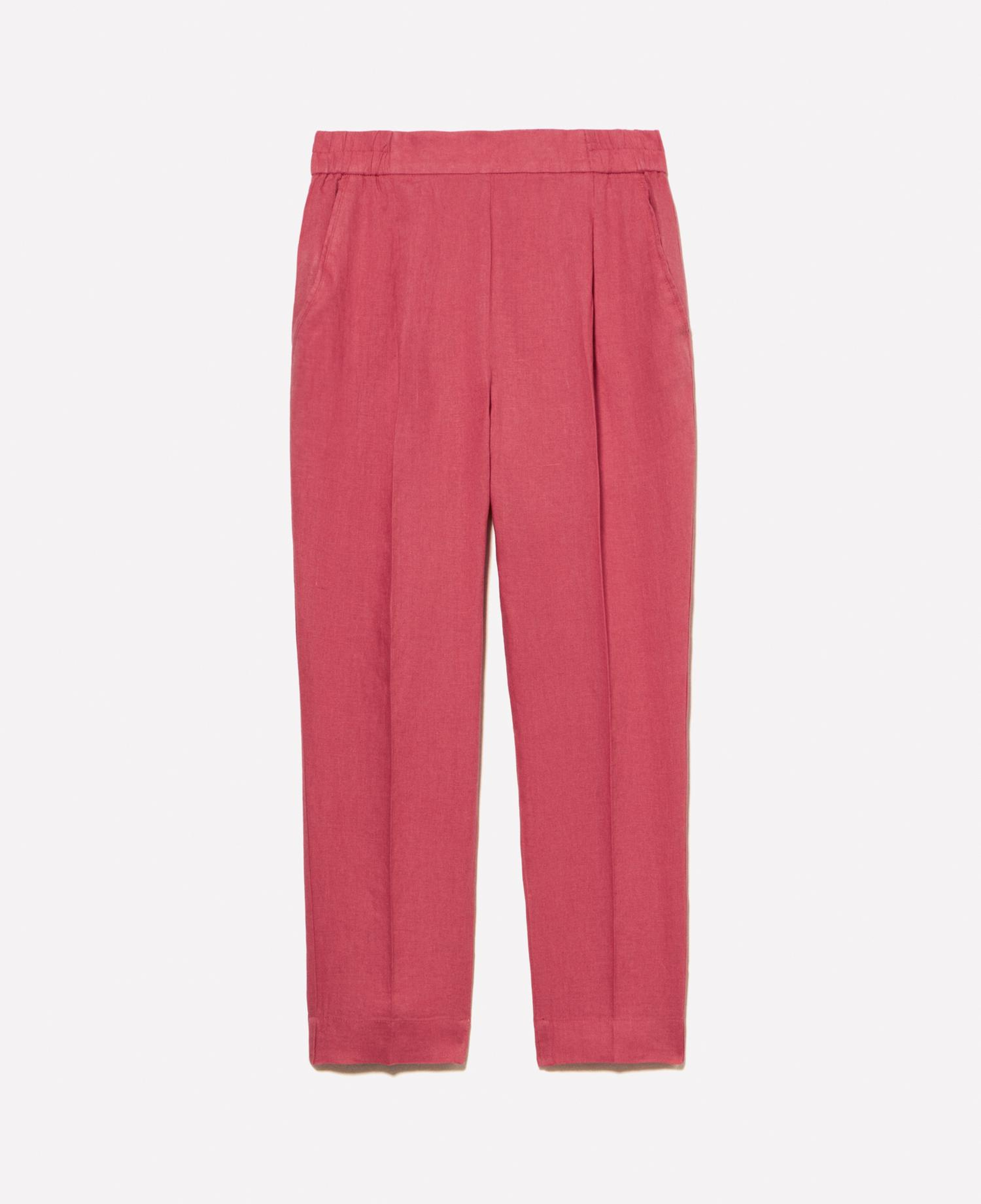 Kadın Koyu Pembe %100 Keten Beli Lastikli Önü Pileli Pantolon