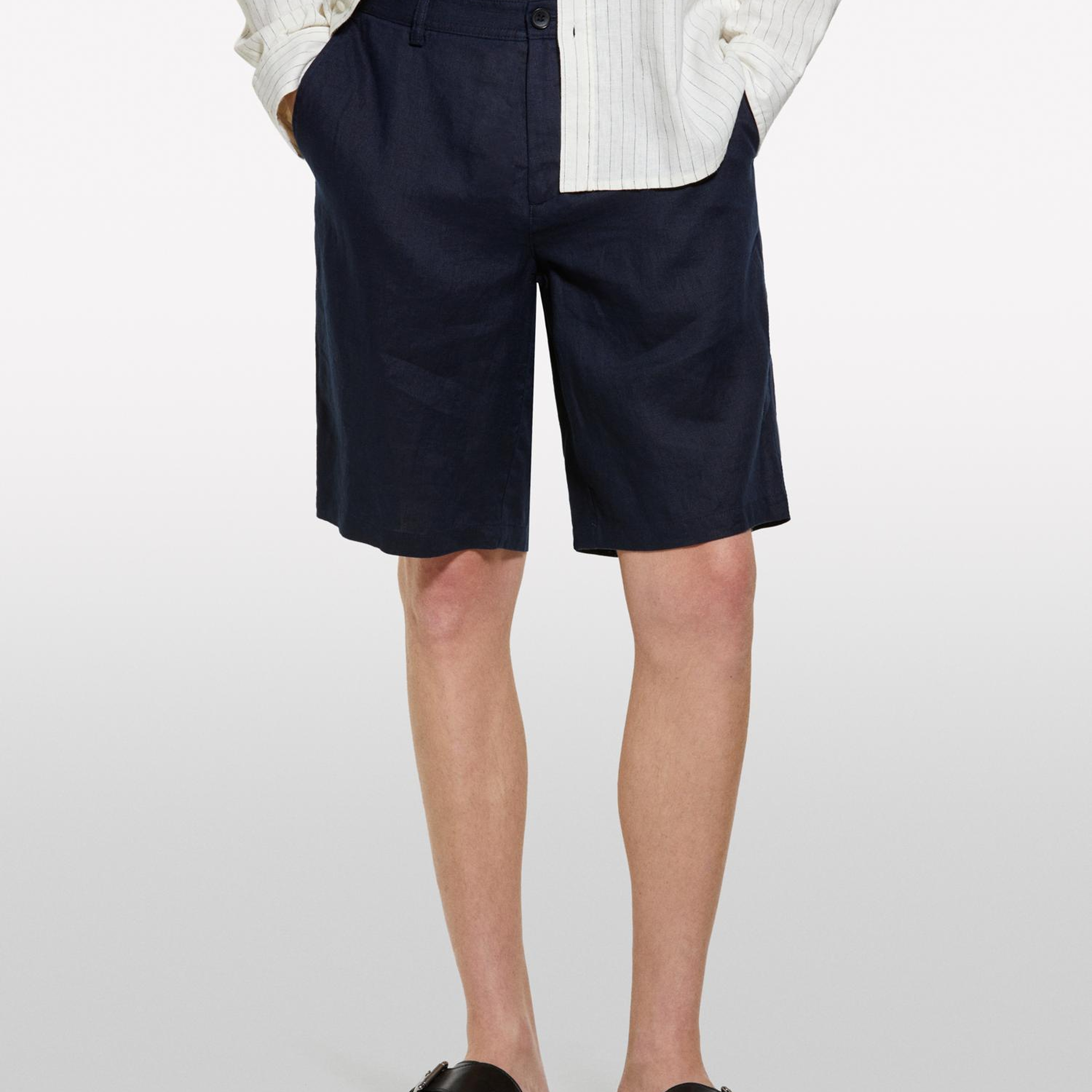 Erkek Koyu Lacivert %100 Keten Slim Fit Bermuda Şort