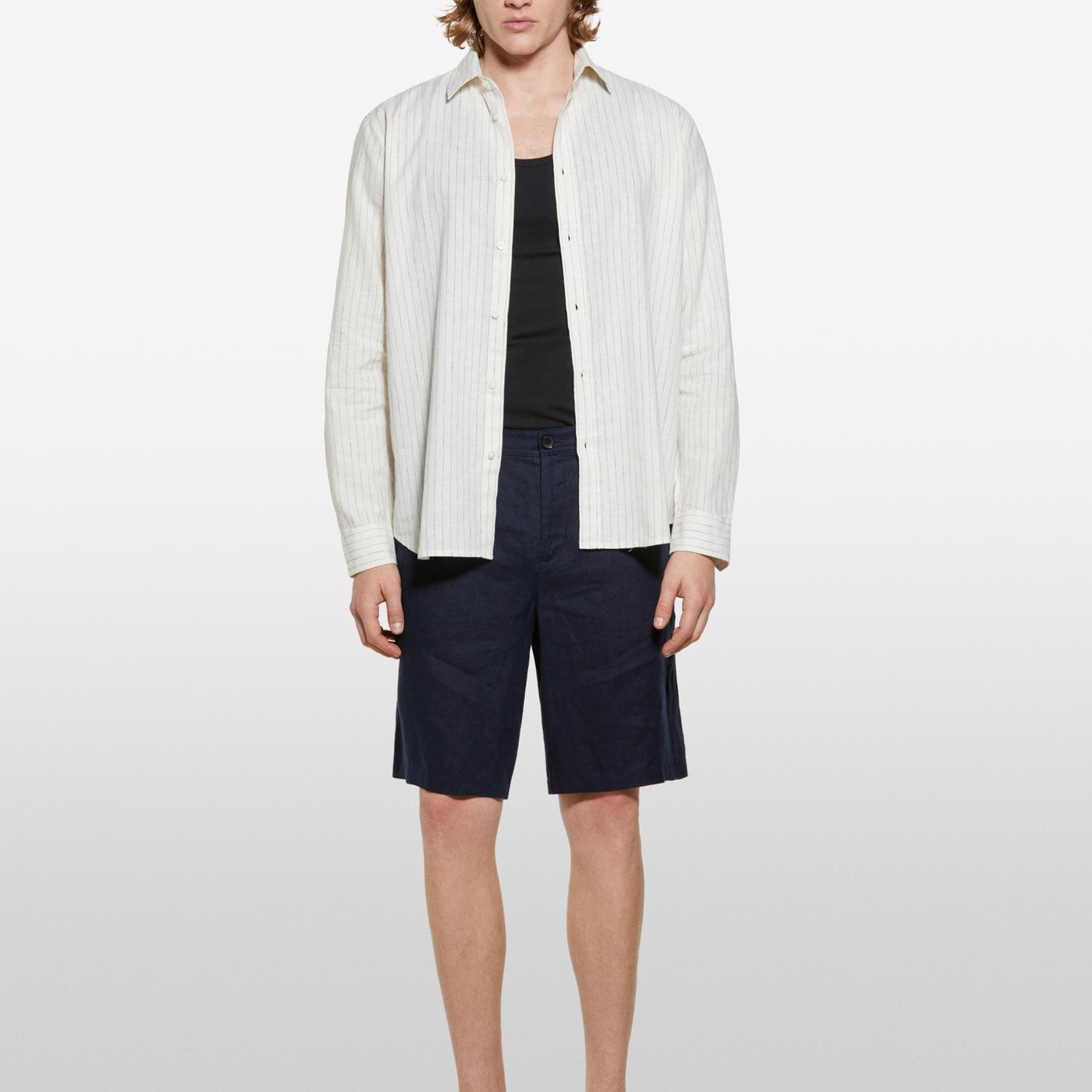 Erkek Koyu Lacivert %100 Keten Slim Fit Bermuda Şort