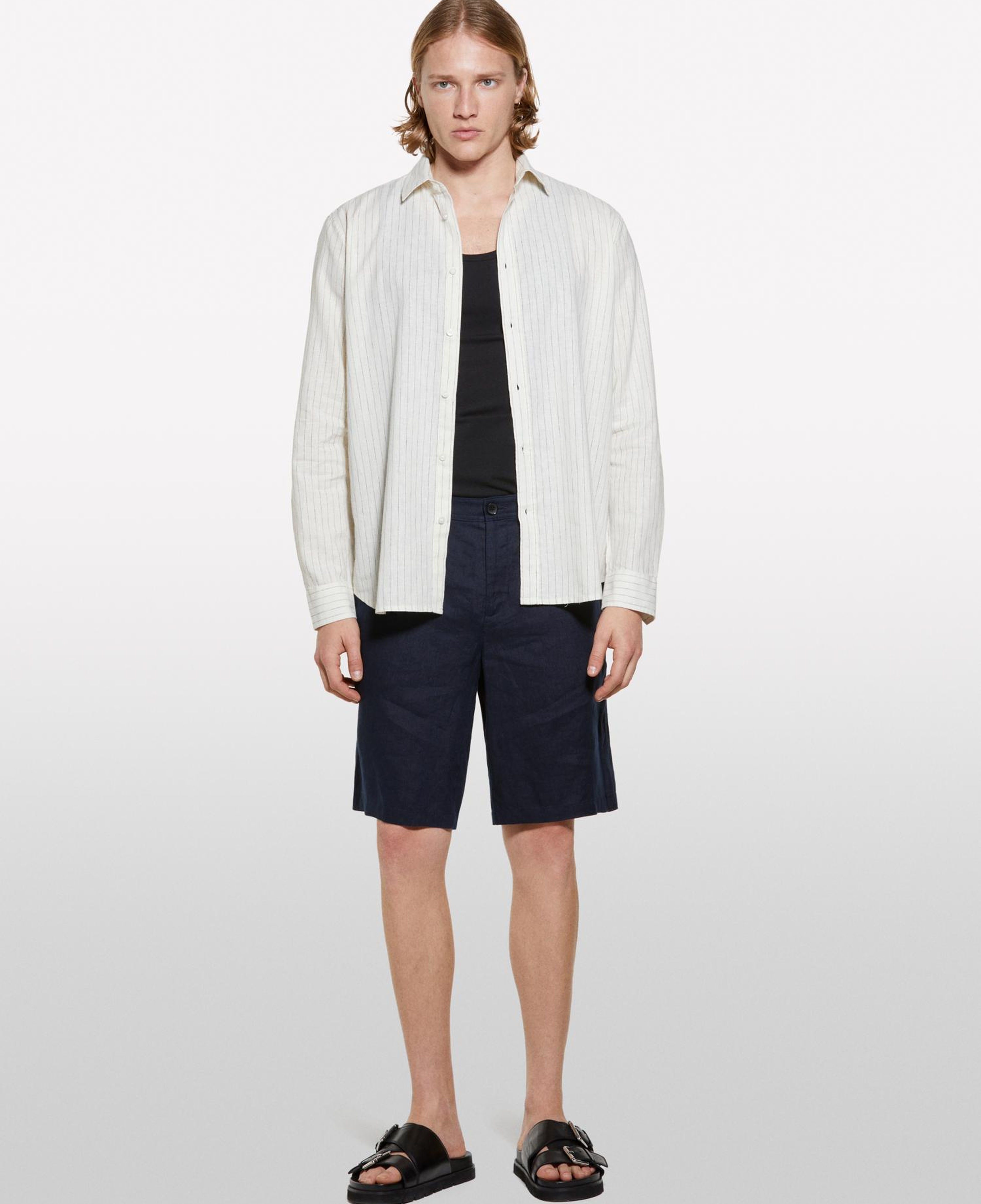 Erkek Koyu Lacivert %100 Keten Slim Fit Bermuda Şort