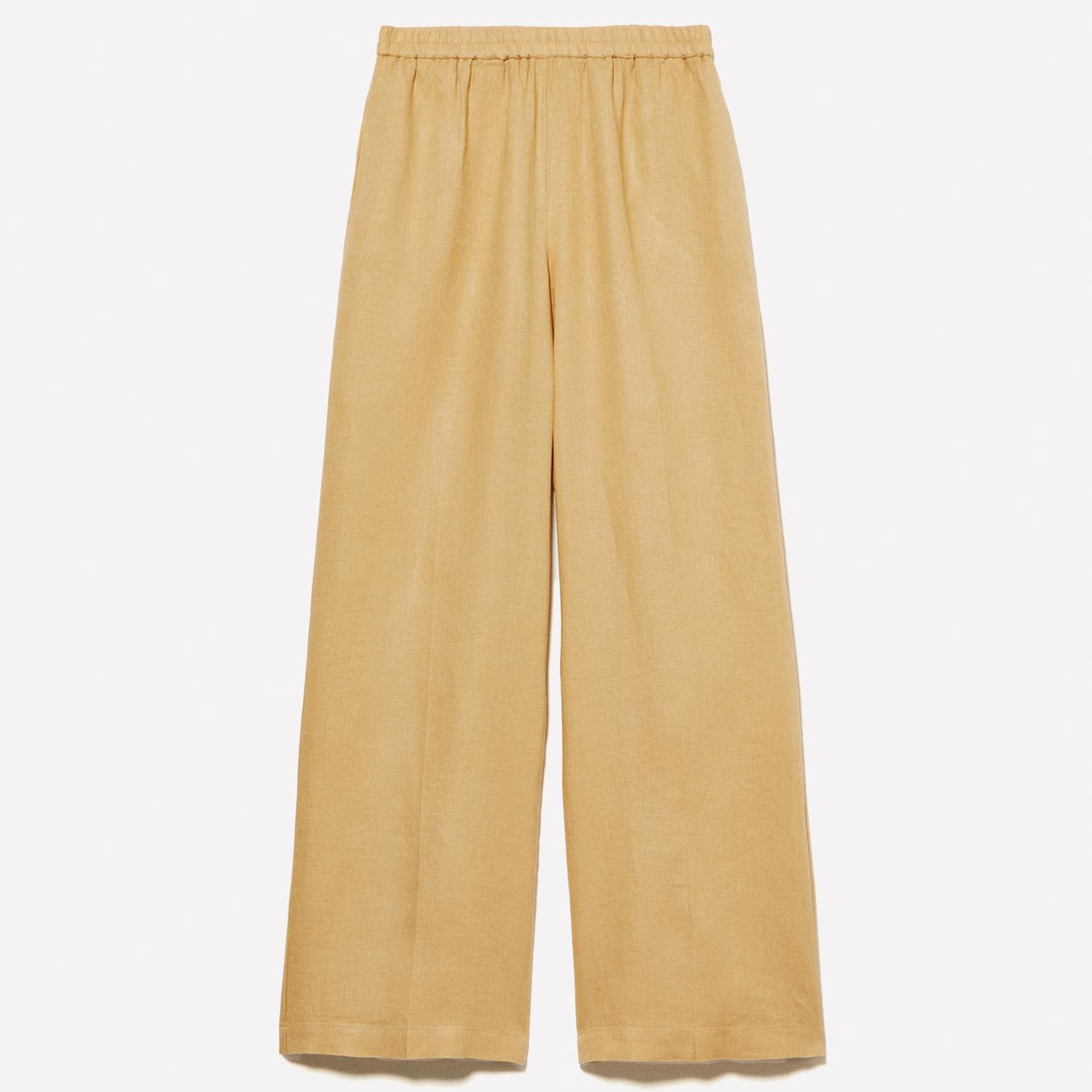 Kadın Kese Kağıdı %100 Keten Beli Lastikli Önü Pileli Geniş Paça Pantolon