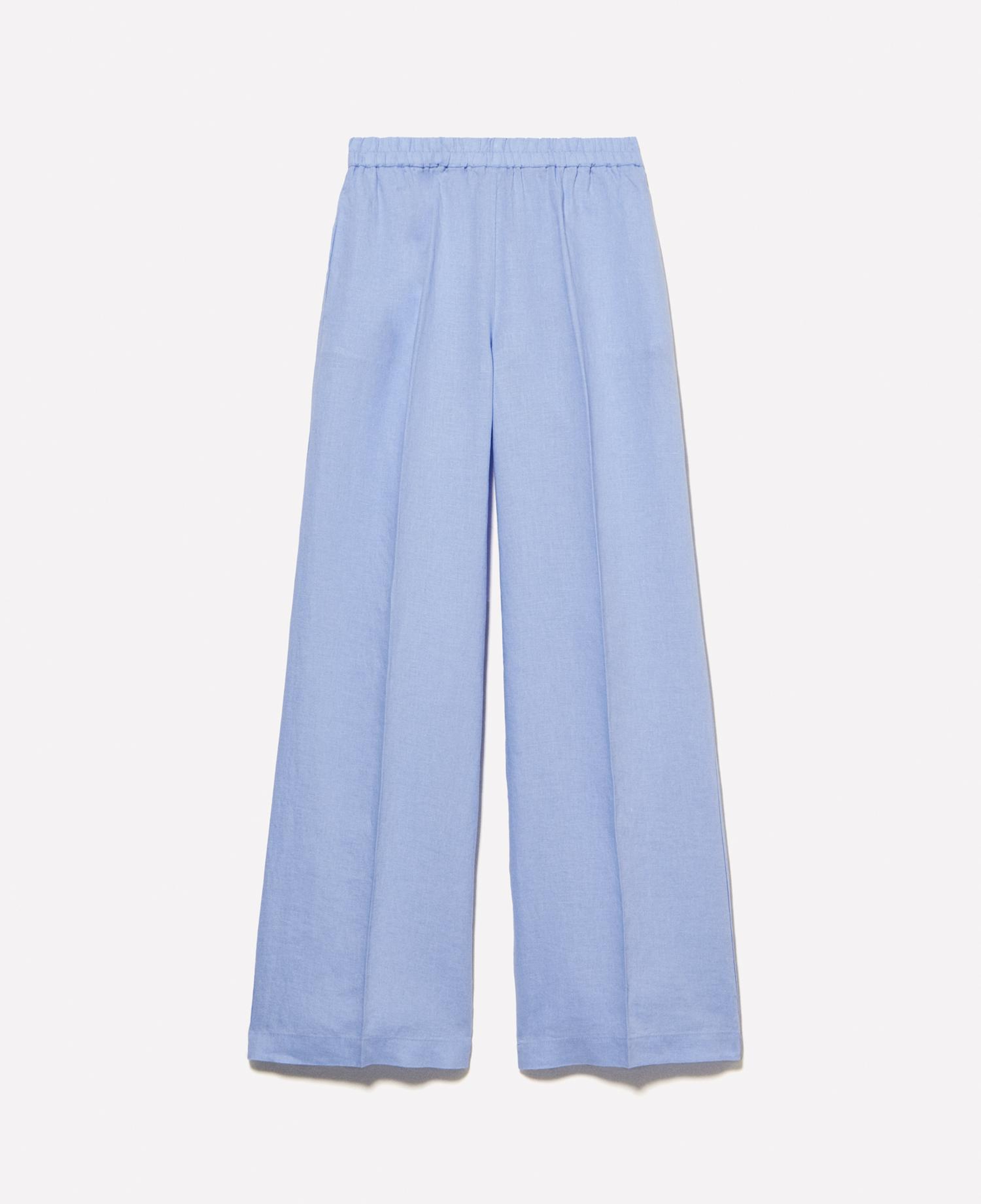 Kadın Açık Mavi %100 Keten Beli Lastikli Önü Pileli Geniş Paça Pantolon