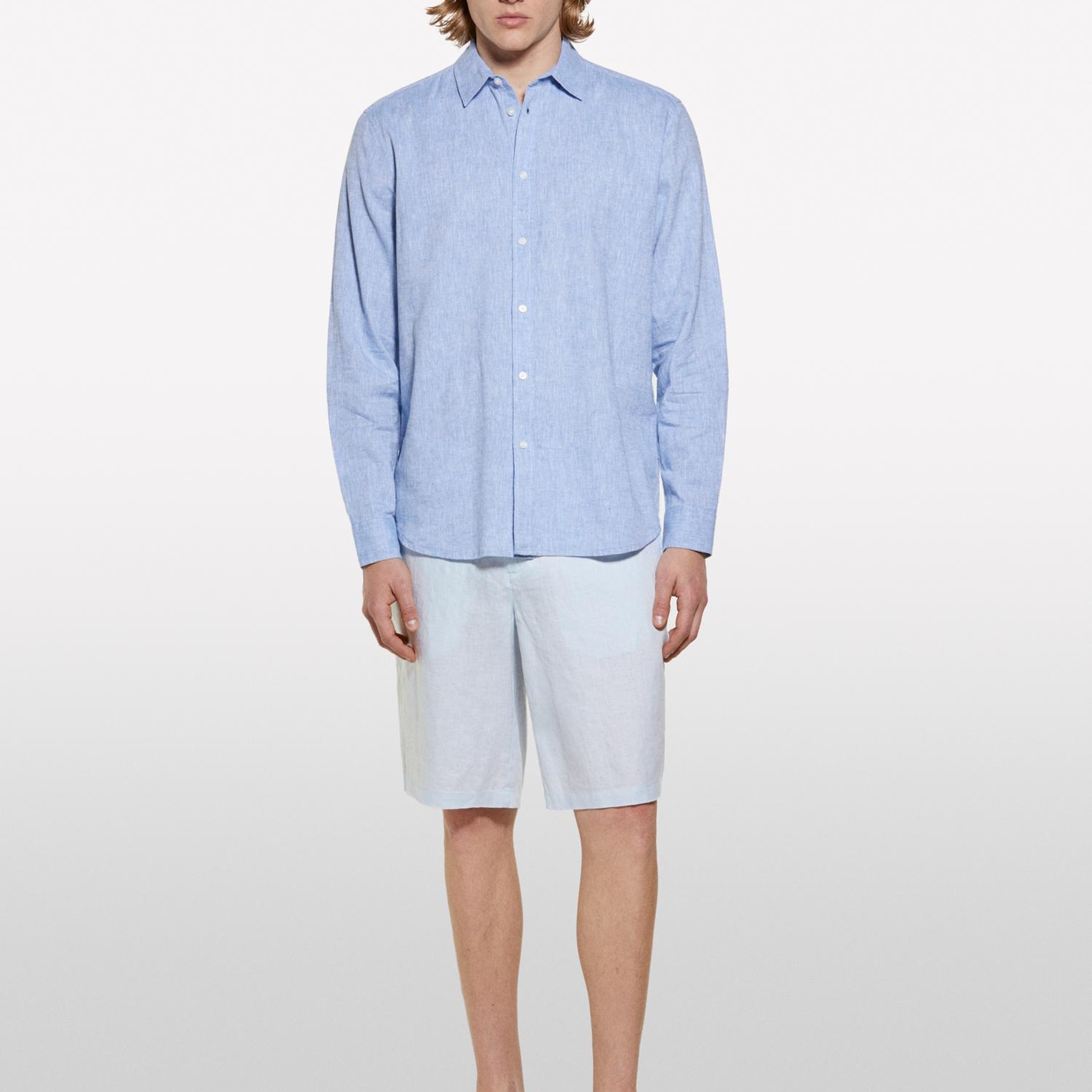 Erkek Buz Mavisi %100 Keten Slim Fit Bermuda Şort