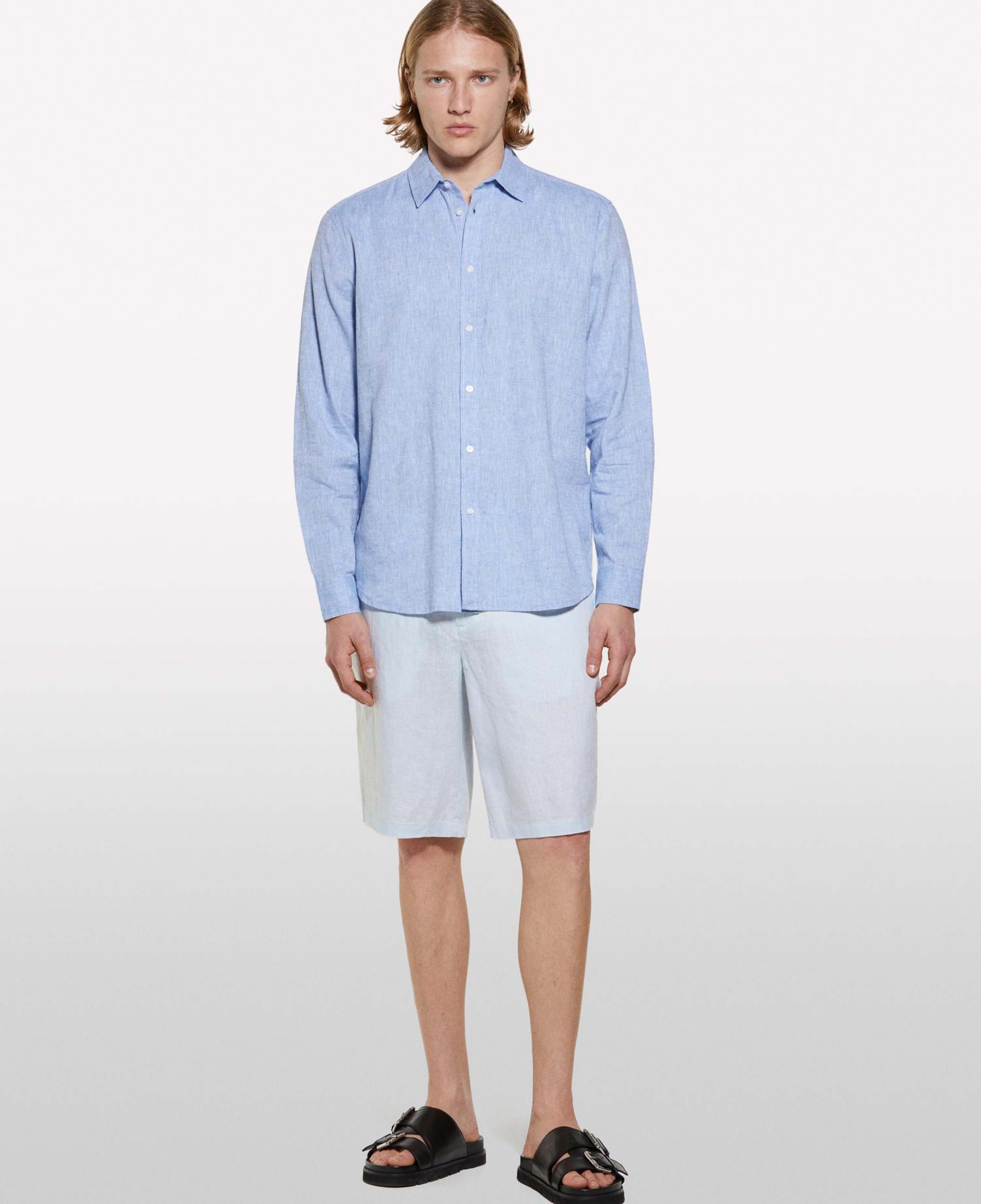 Erkek Buz Mavisi %100 Keten Slim Fit Bermuda Şort