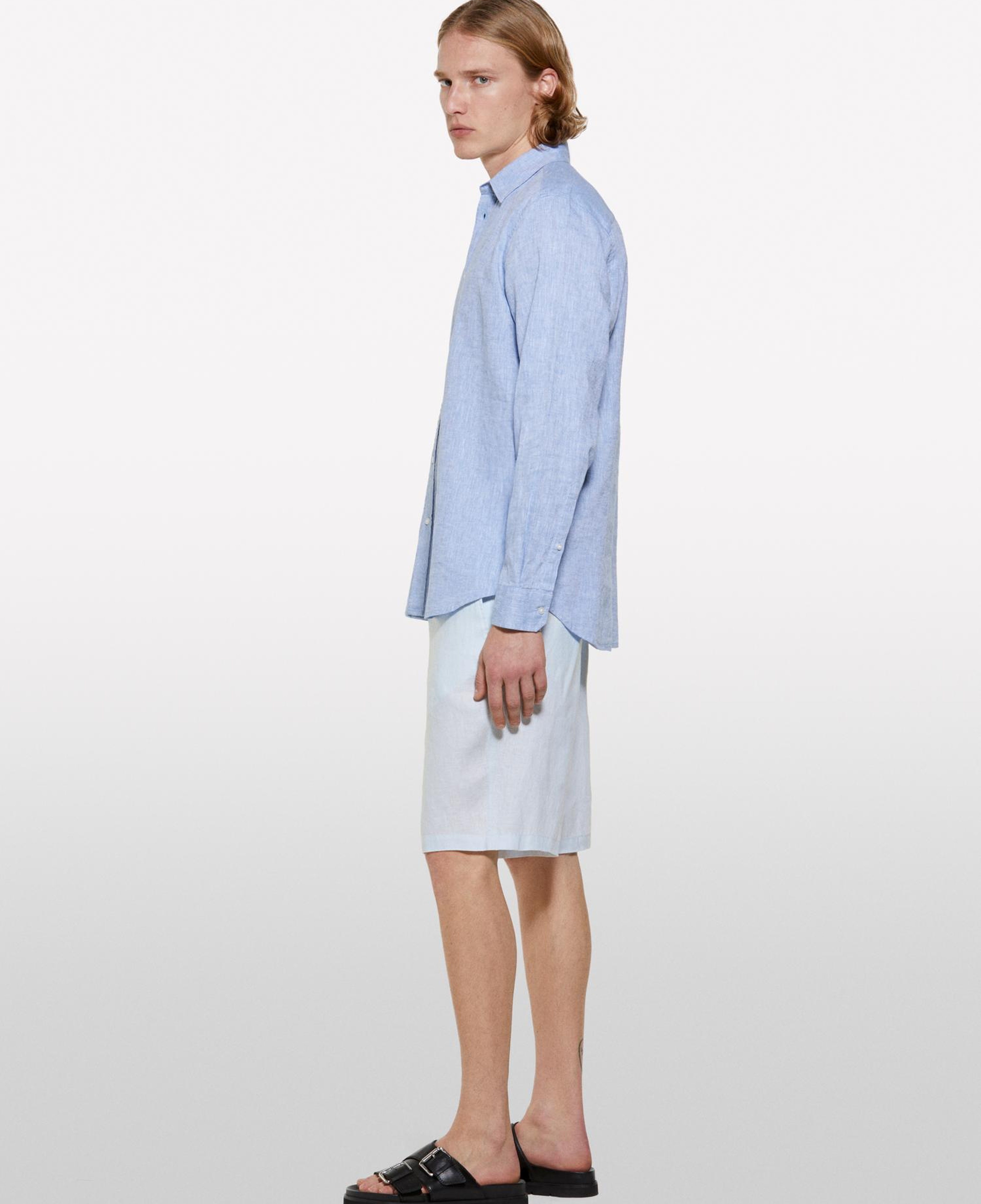 Erkek Buz Mavisi %100 Keten Slim Fit Bermuda Şort