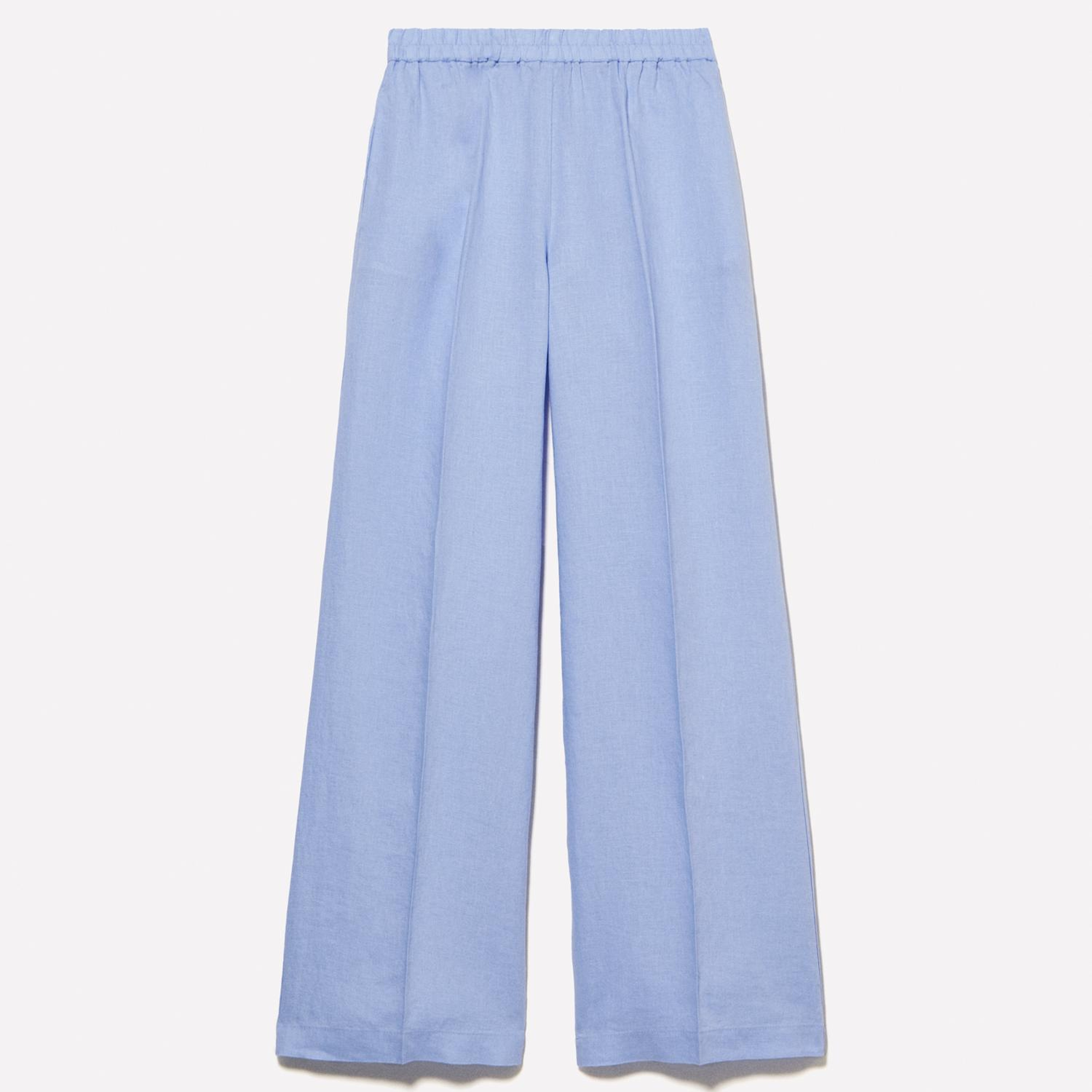 Kadın Açık Mavi %100 Keten Beli Lastikli Önü Pileli Geniş Paça Pantolon
