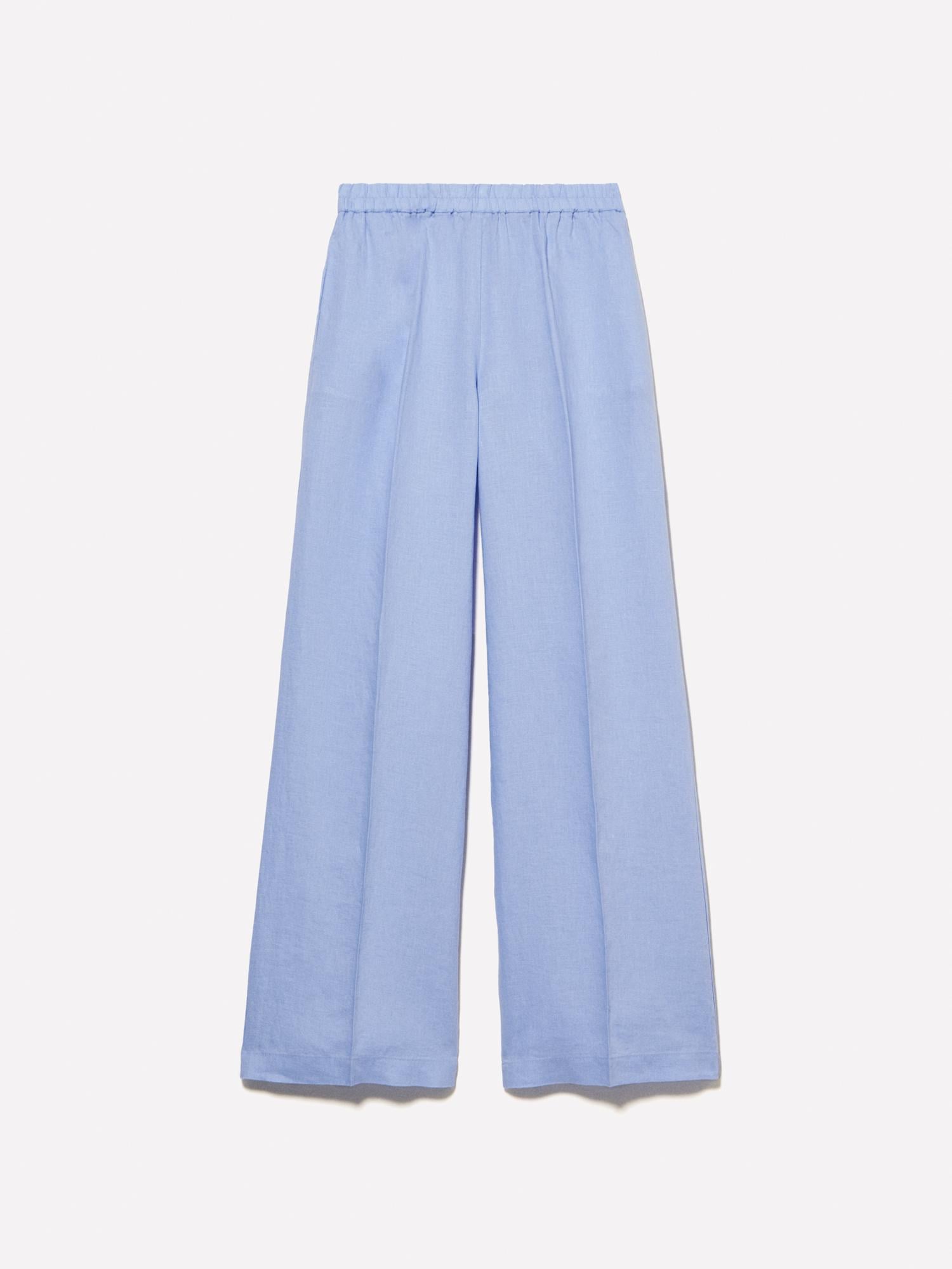 Kadın Açık Mavi %100 Keten Beli Lastikli Önü Pileli Geniş Paça Pantolon