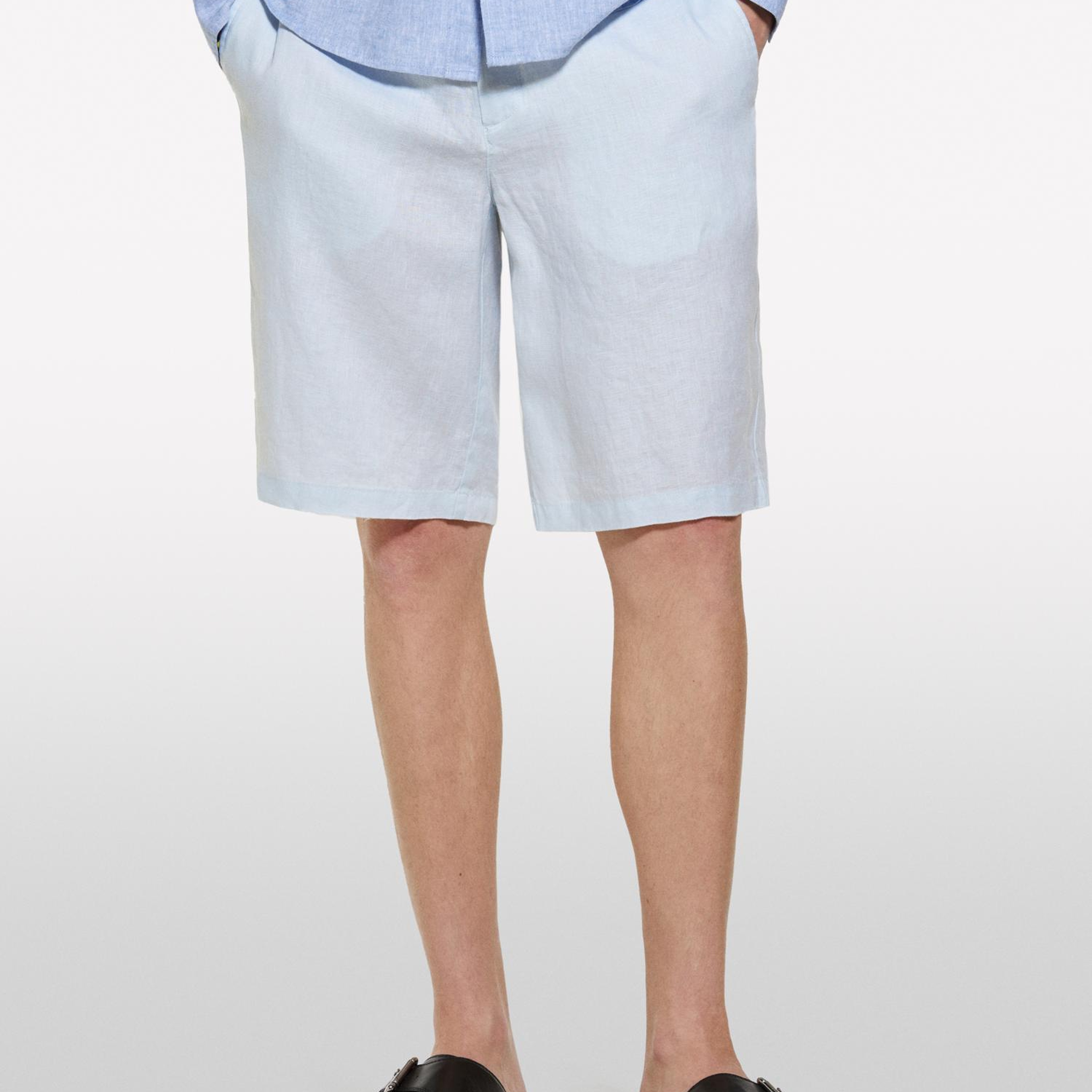 Erkek Buz Mavisi %100 Keten Slim Fit Bermuda Şort