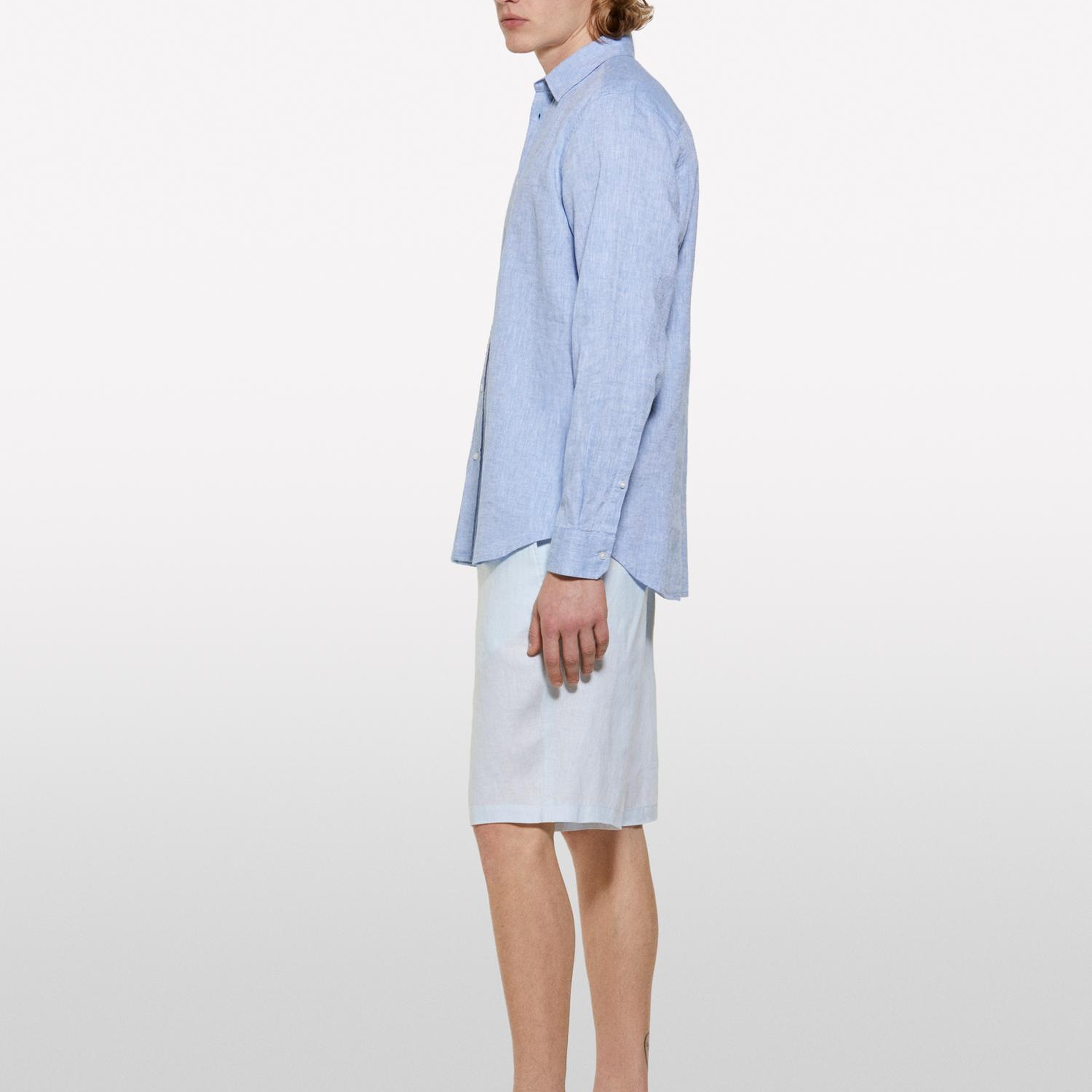 Erkek Buz Mavisi %100 Keten Slim Fit Bermuda Şort
