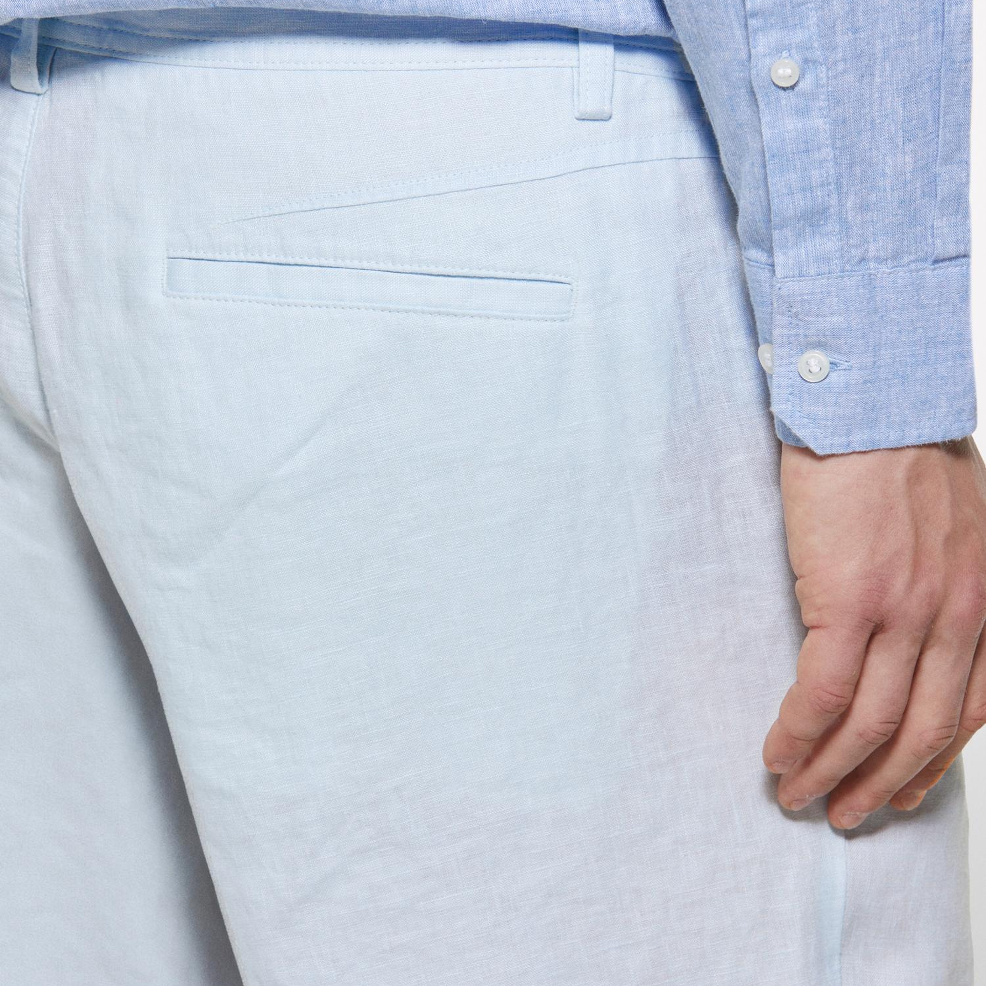 Erkek Buz Mavisi %100 Keten Slim Fit Bermuda Şort