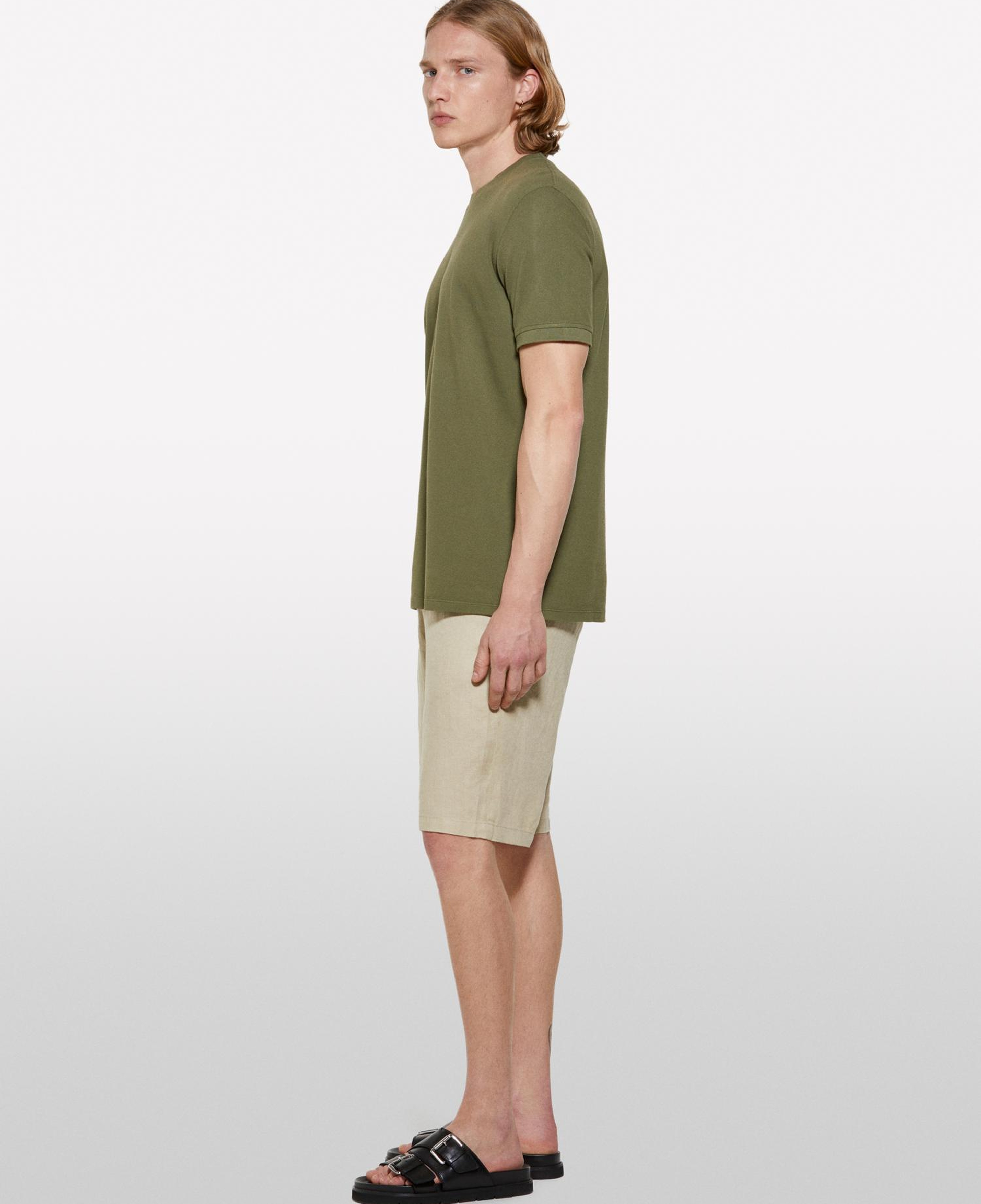 Erkek Bej %100 Keten Slim Fit Bermuda Şort