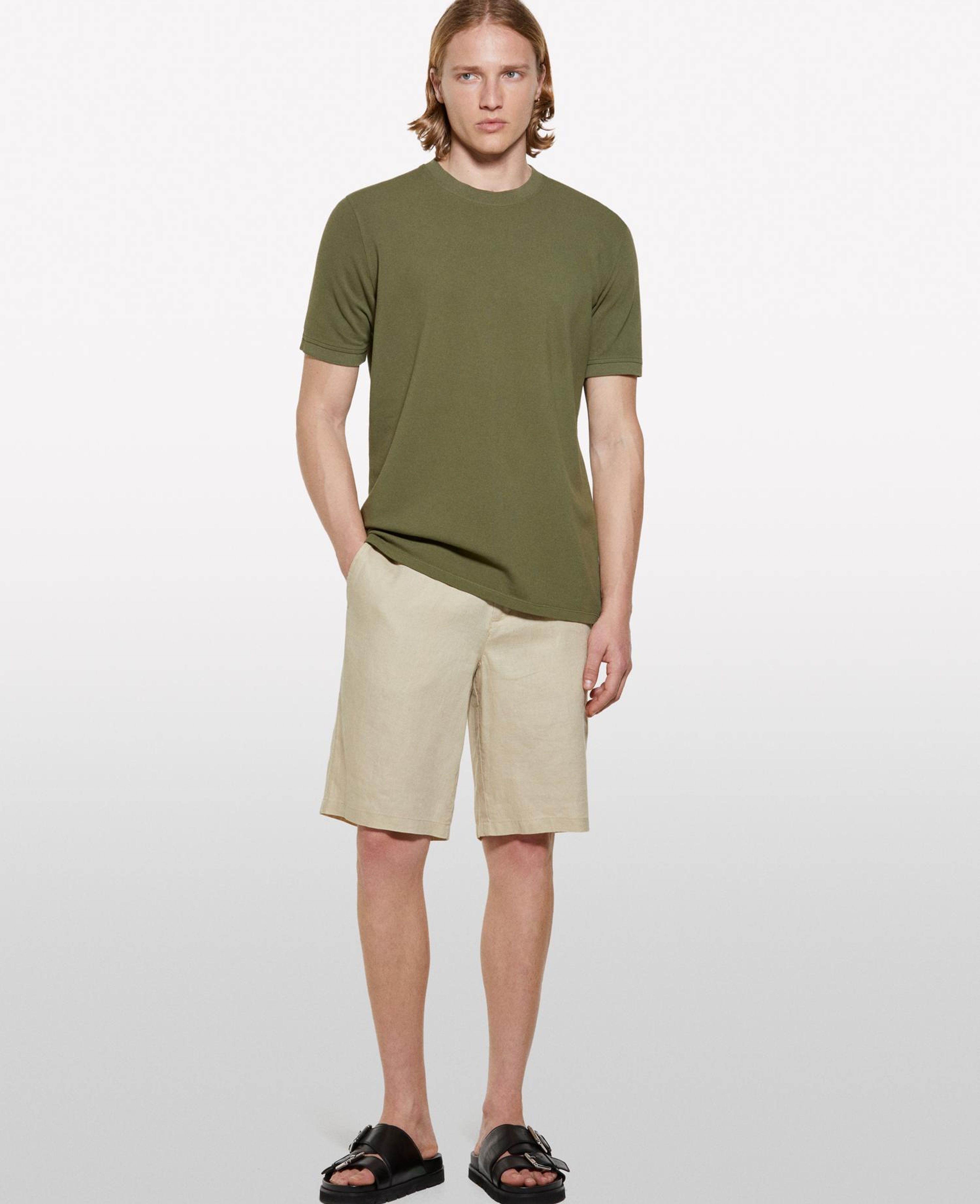 Erkek Bej %100 Keten Slim Fit Bermuda Şort