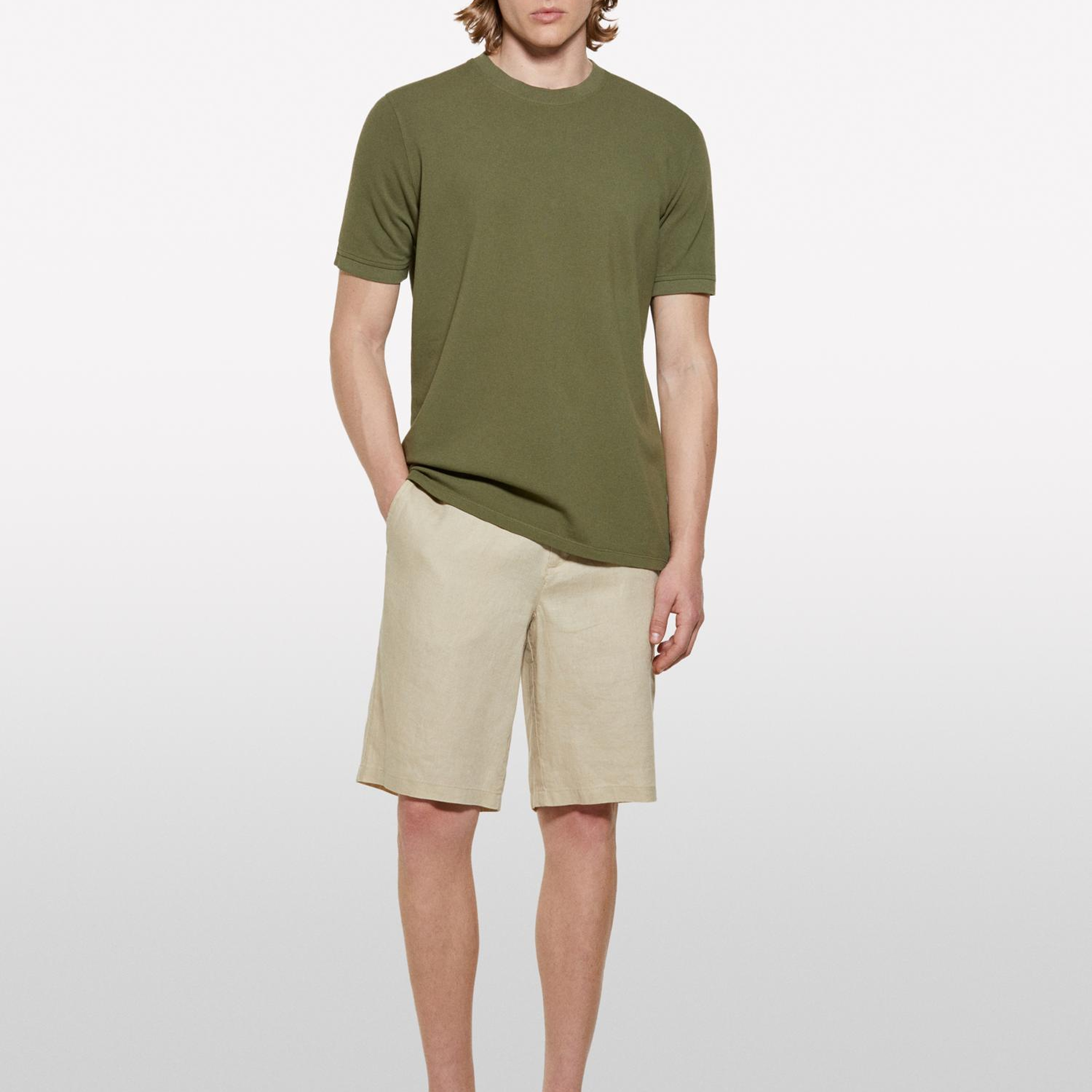 Erkek Bej %100 Keten Slim Fit Bermuda Şort