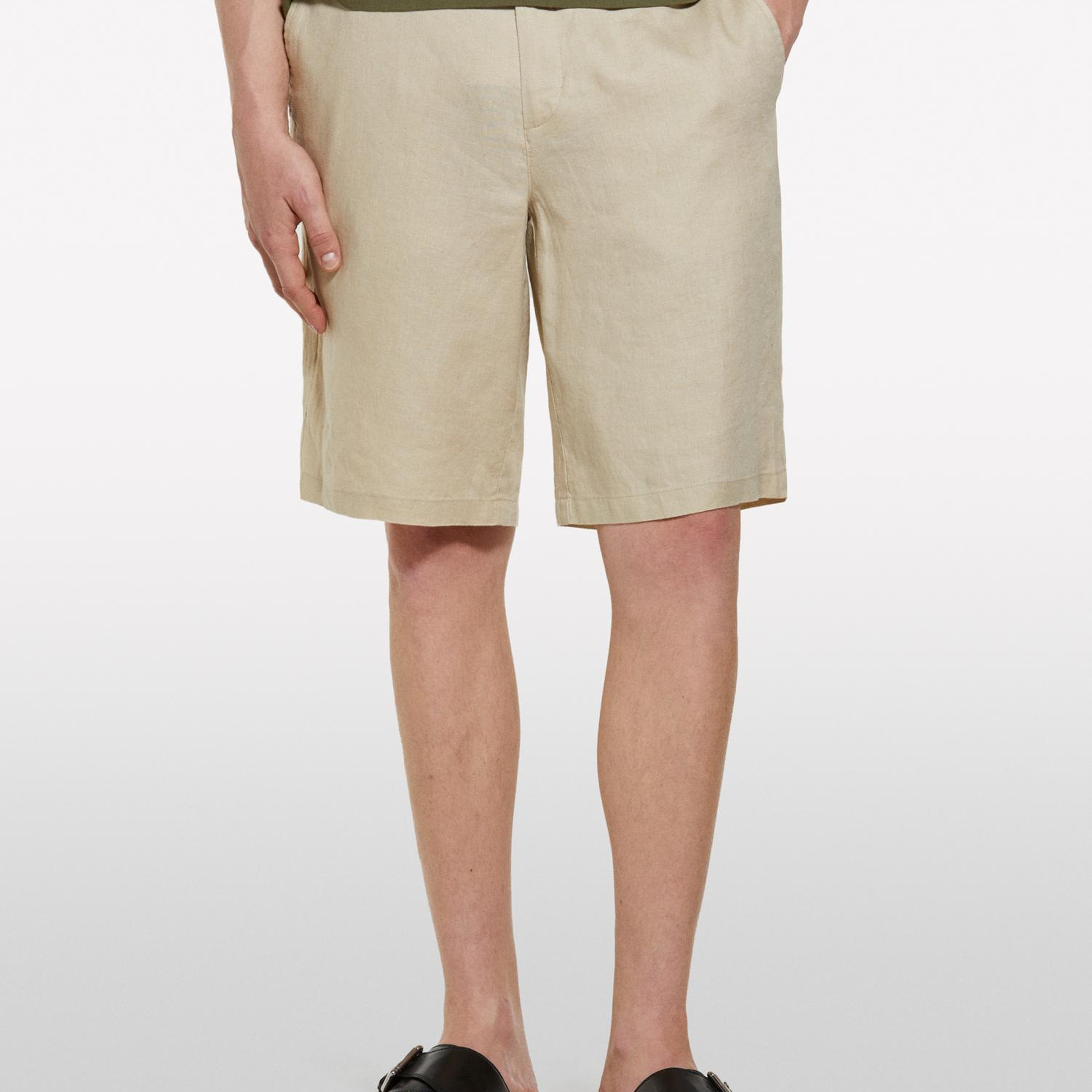 Erkek Bej %100 Keten Slim Fit Bermuda Şort