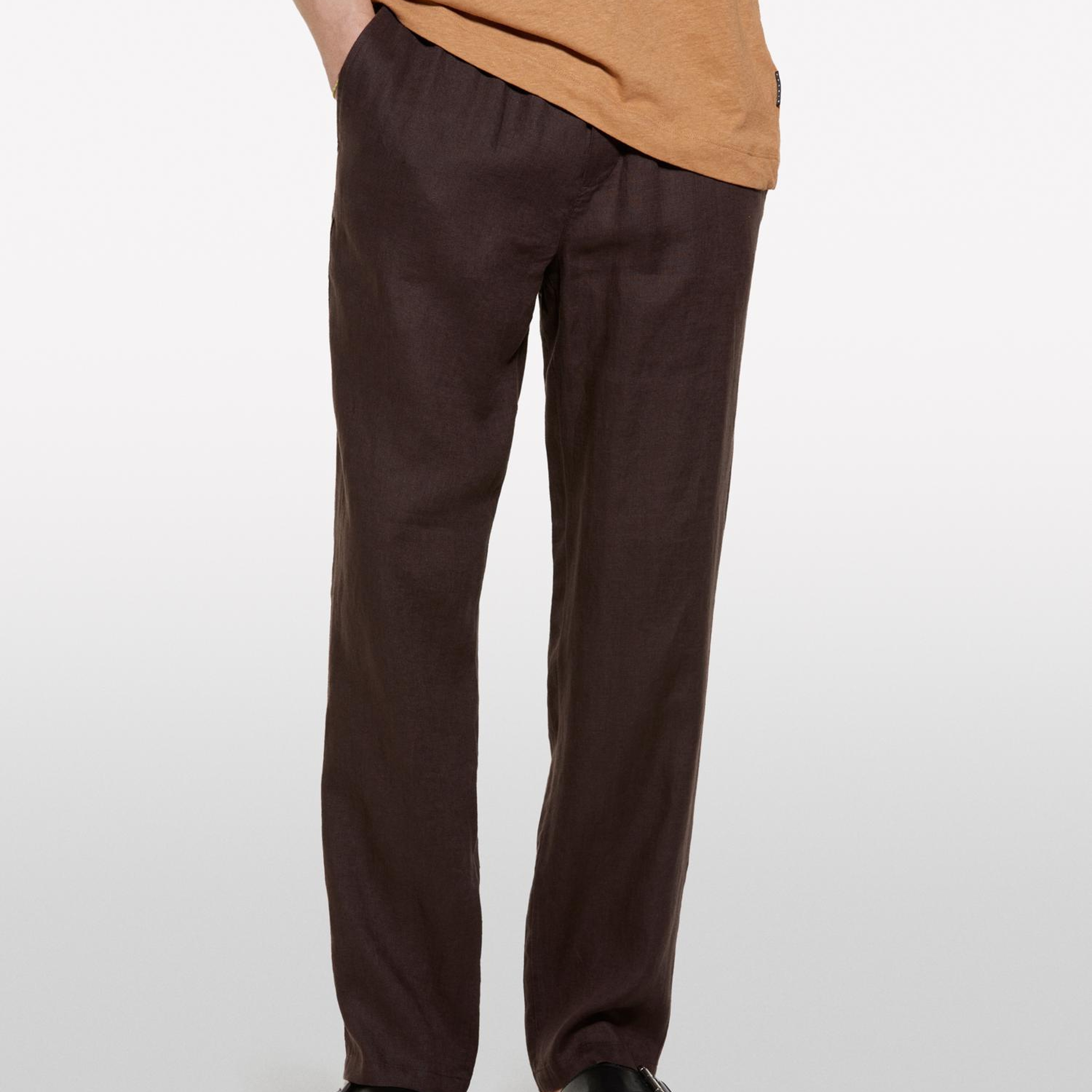 Erkek Koyu kahverengi %100 Keten Beli Büzgülü İpli Slim Fit Pantolon