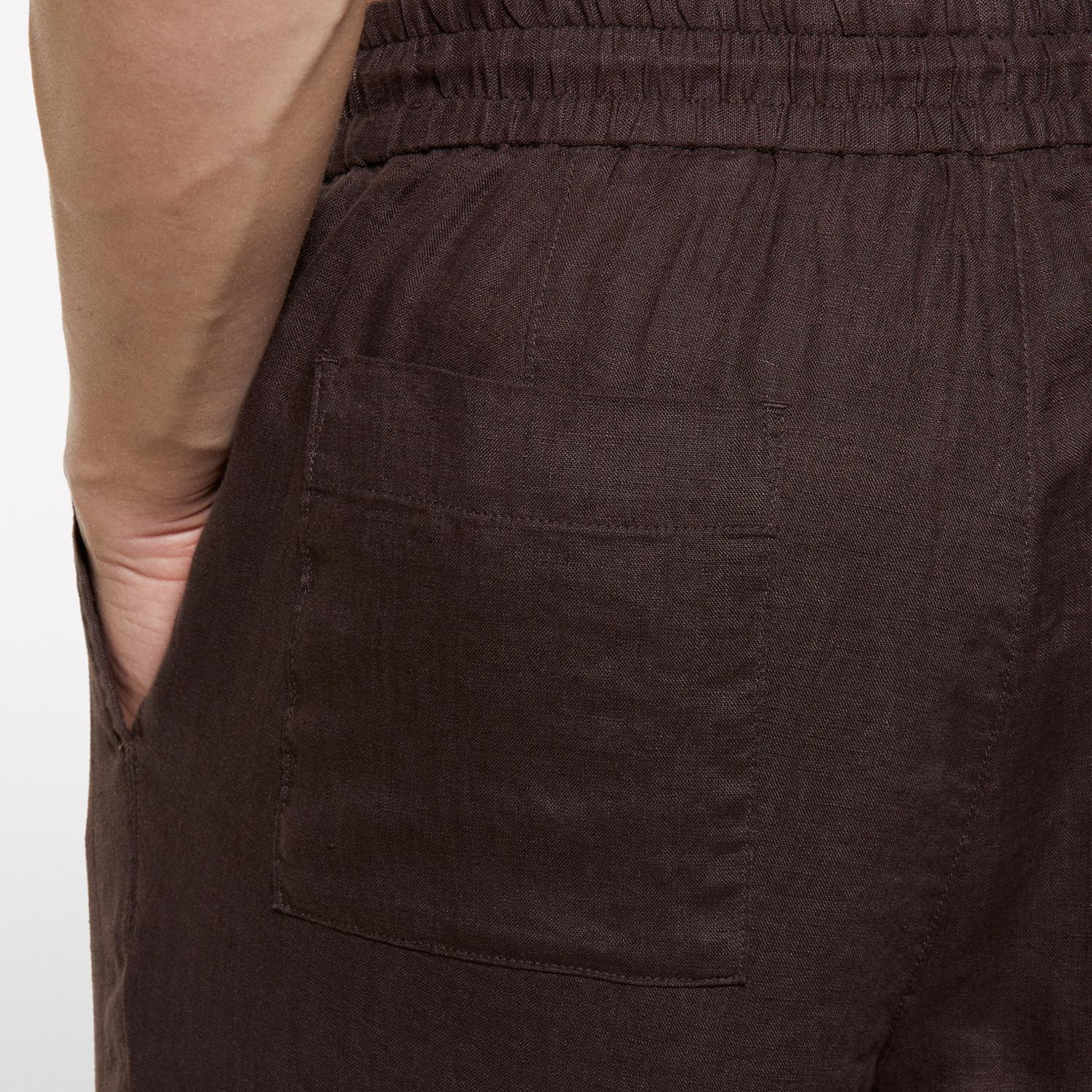 Erkek Koyu kahverengi %100 Keten Beli Büzgülü İpli Slim Fit Pantolon