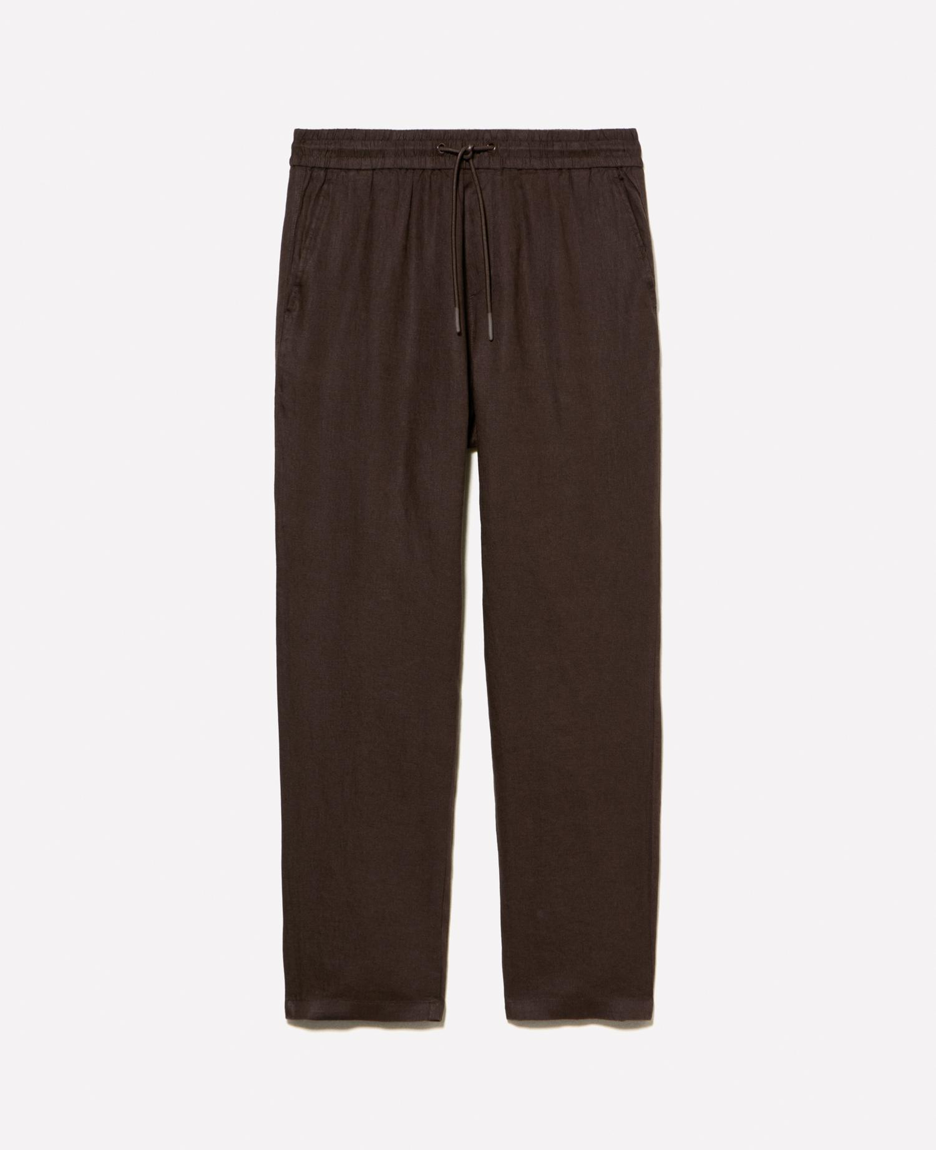 Erkek Koyu kahverengi %100 Keten Beli Büzgülü İpli Slim Fit Pantolon