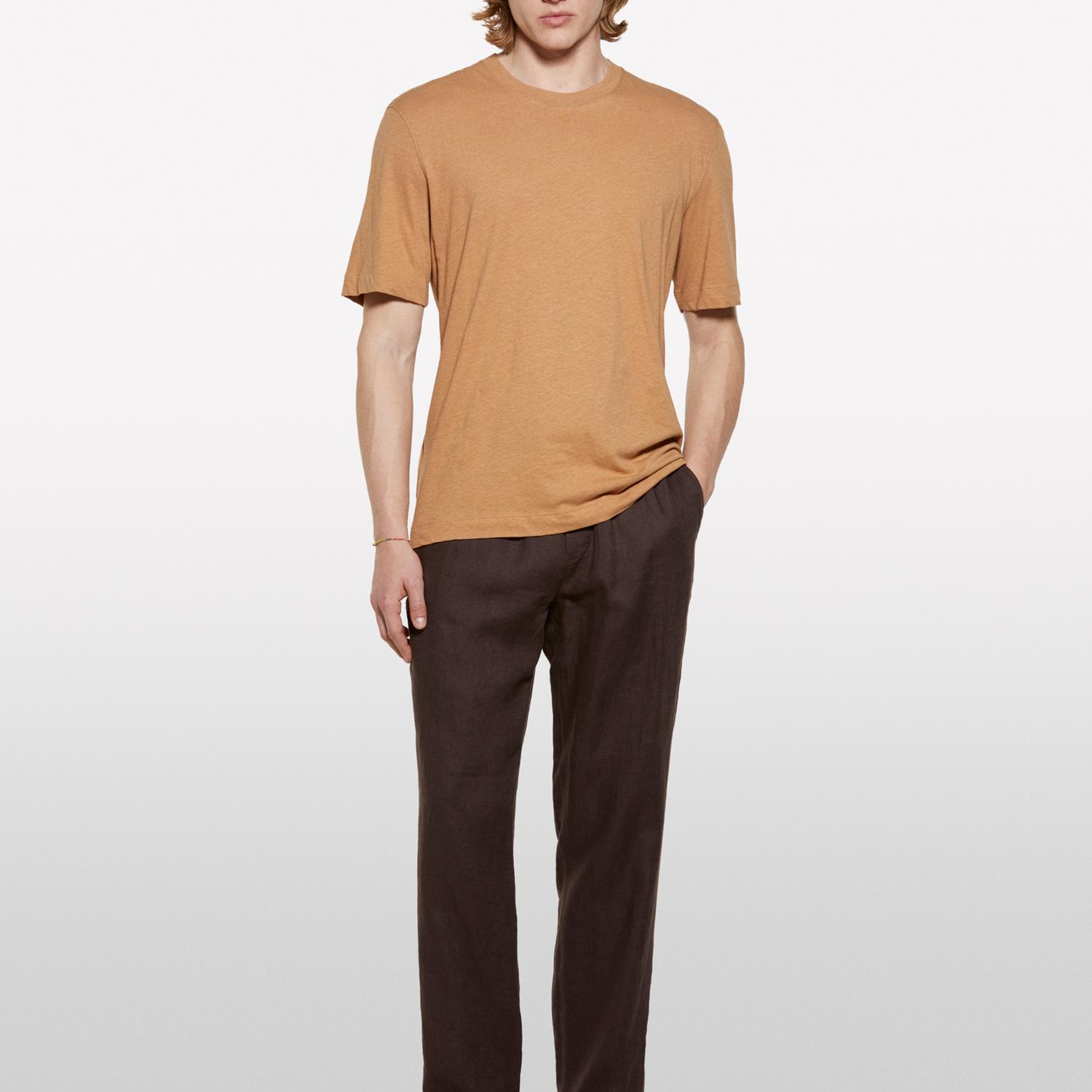 Erkek Koyu kahverengi %100 Keten Beli Büzgülü İpli Slim Fit Pantolon