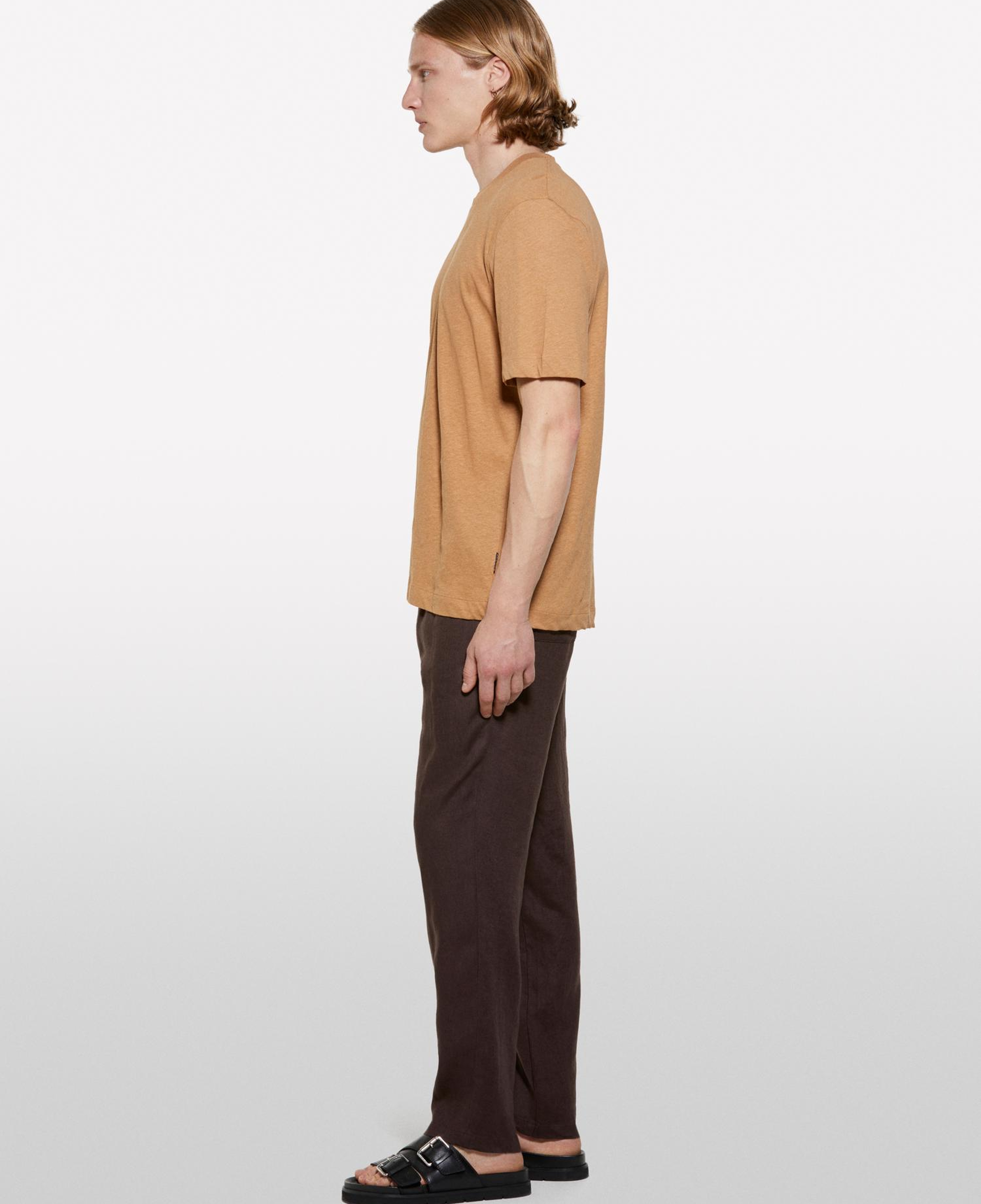 Erkek Koyu kahverengi %100 Keten Beli Büzgülü İpli Slim Fit Pantolon