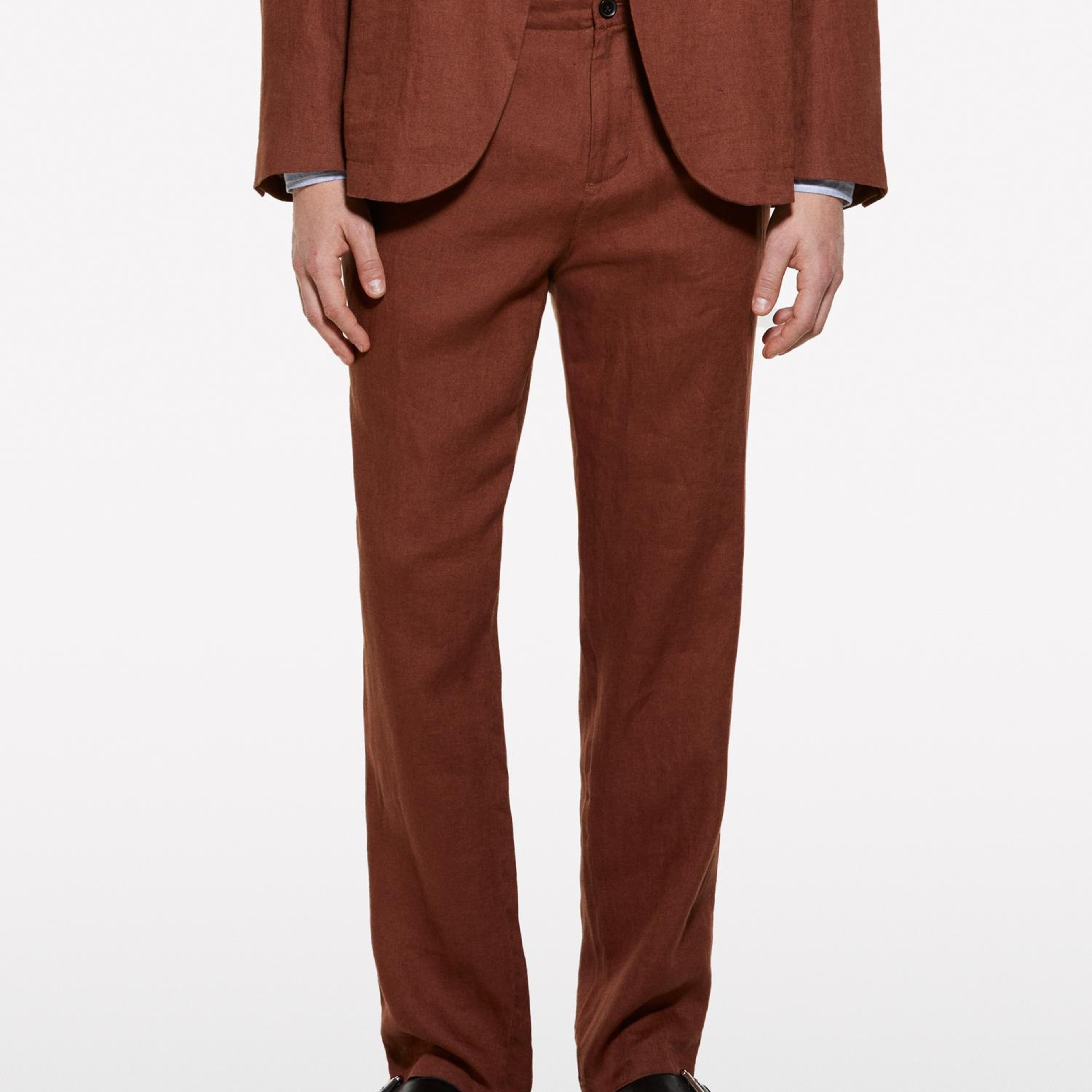 Erkek Kahverengi %100 Keten Slim Comfort Fit Pantolon