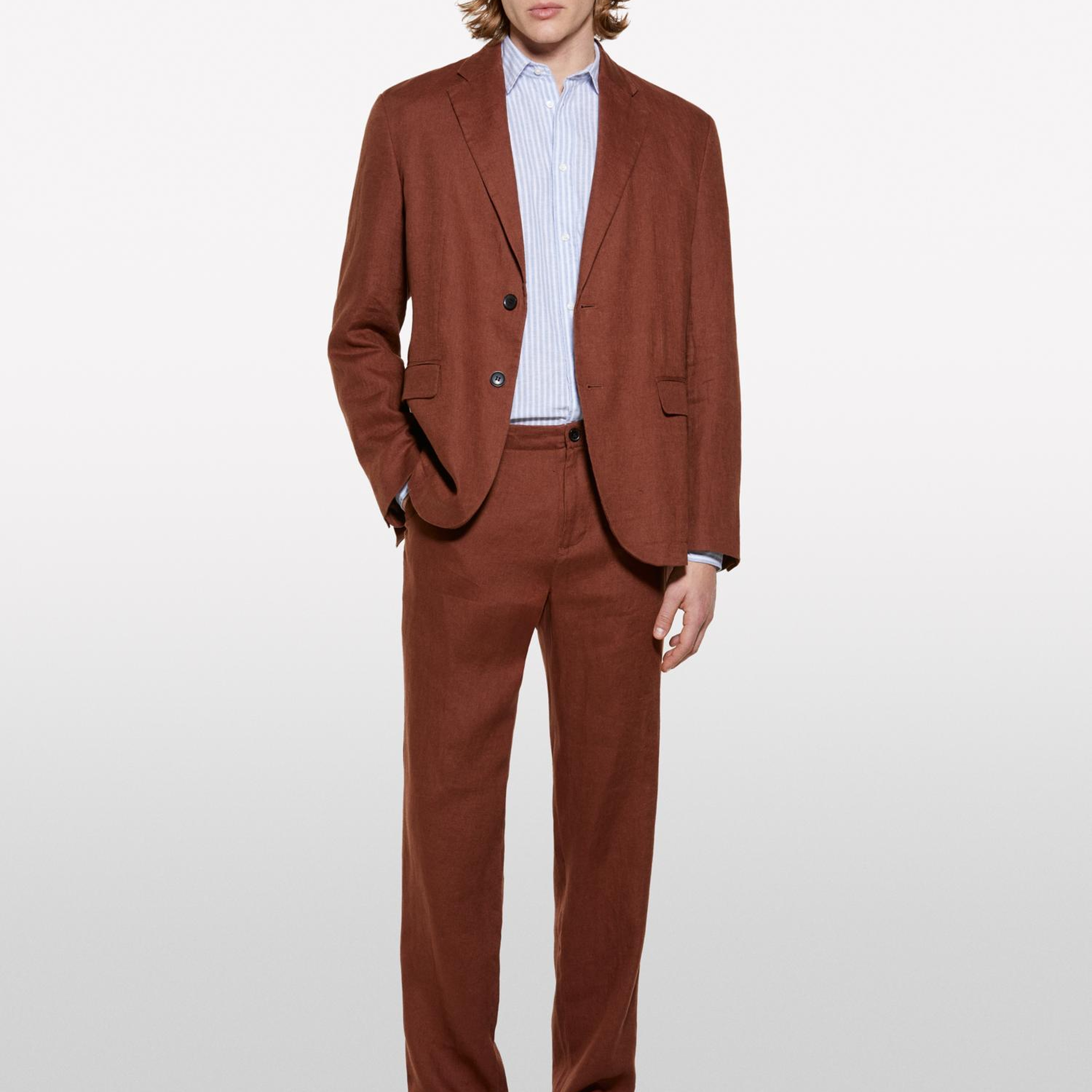 Erkek Kahverengi %100 Keten Slim Comfort Fit Pantolon