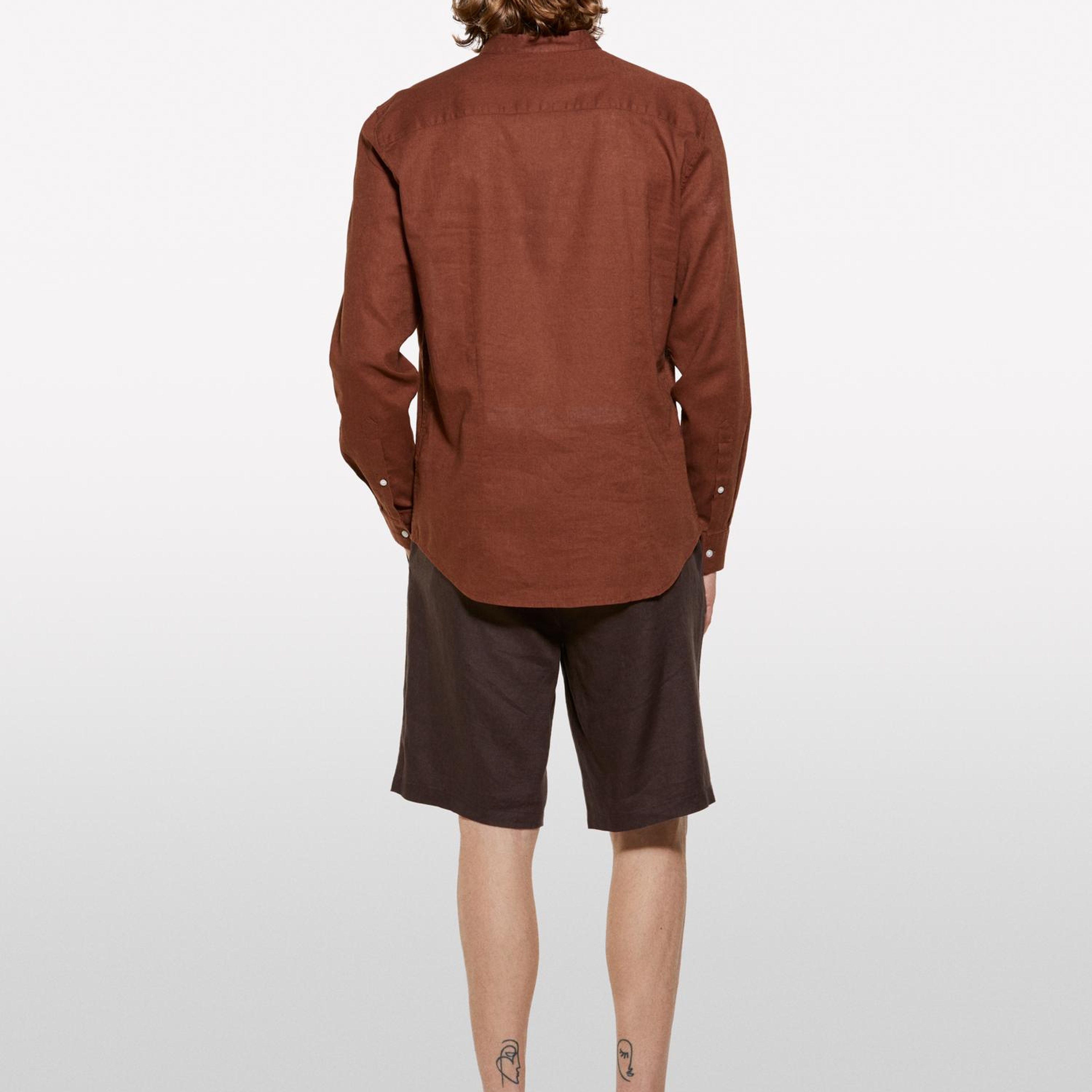 Erkek Koyu kahverengi %100 Keten Slim Fit Bermuda Şort