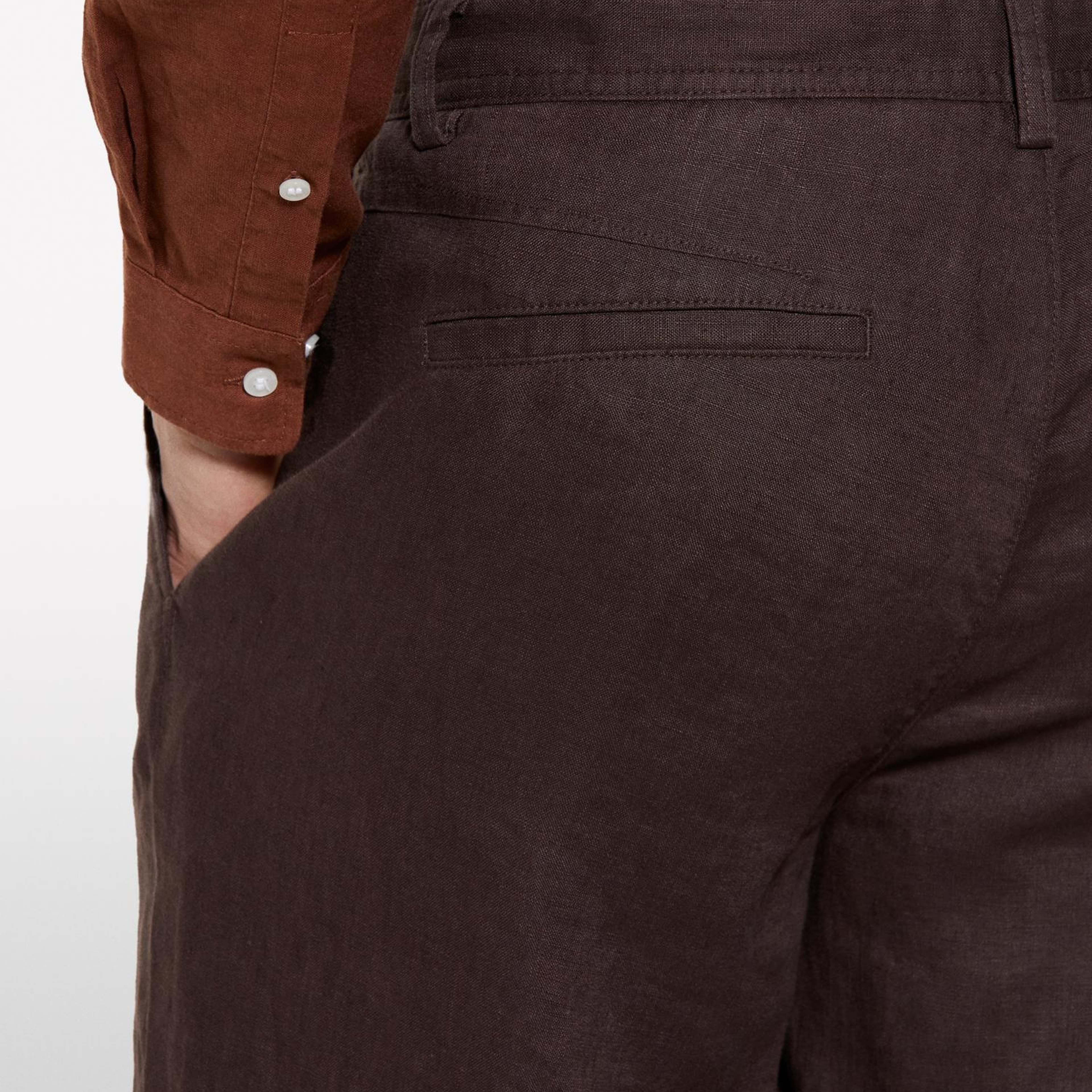 Erkek Koyu kahverengi %100 Keten Slim Fit Bermuda Şort