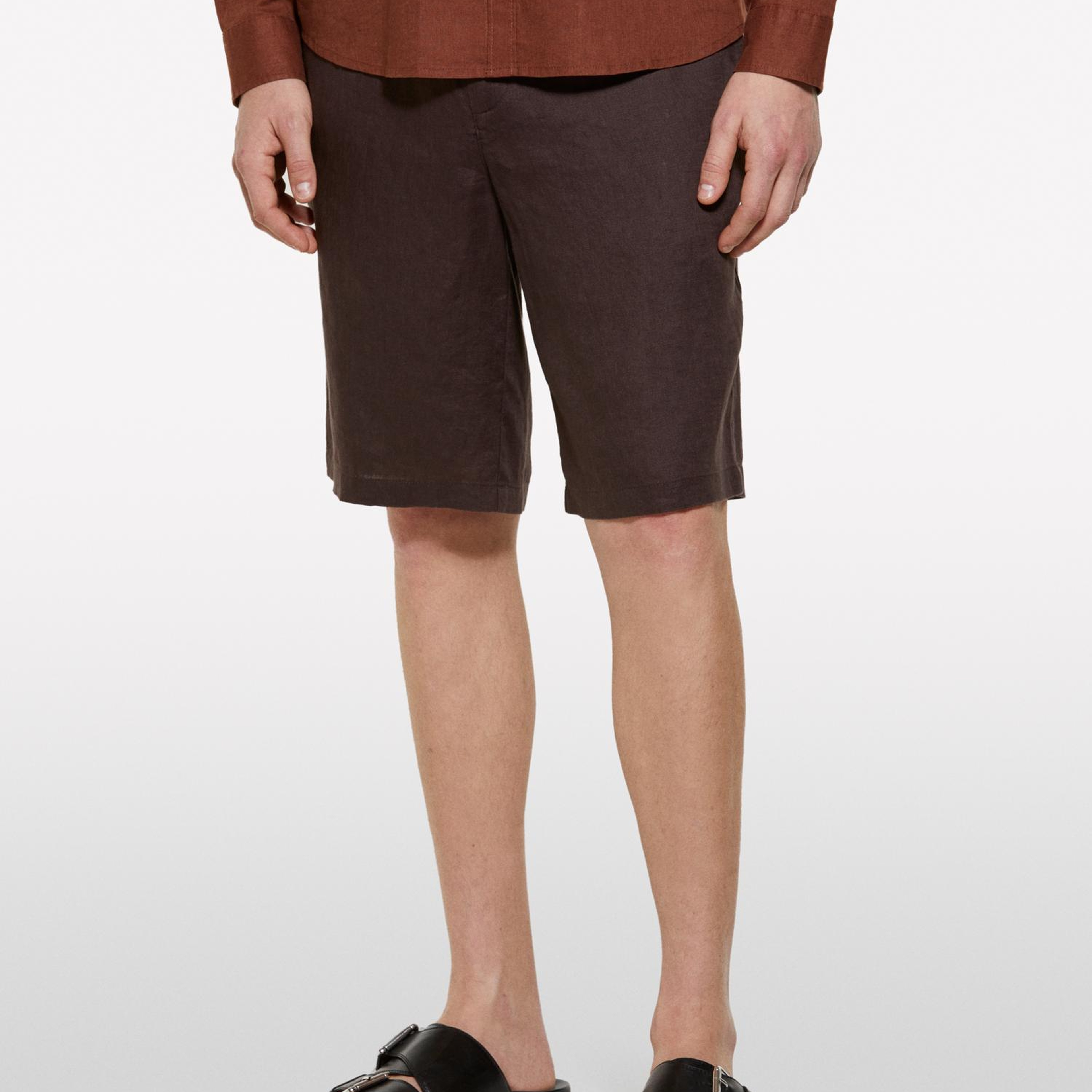 Erkek Koyu kahverengi %100 Keten Slim Fit Bermuda Şort