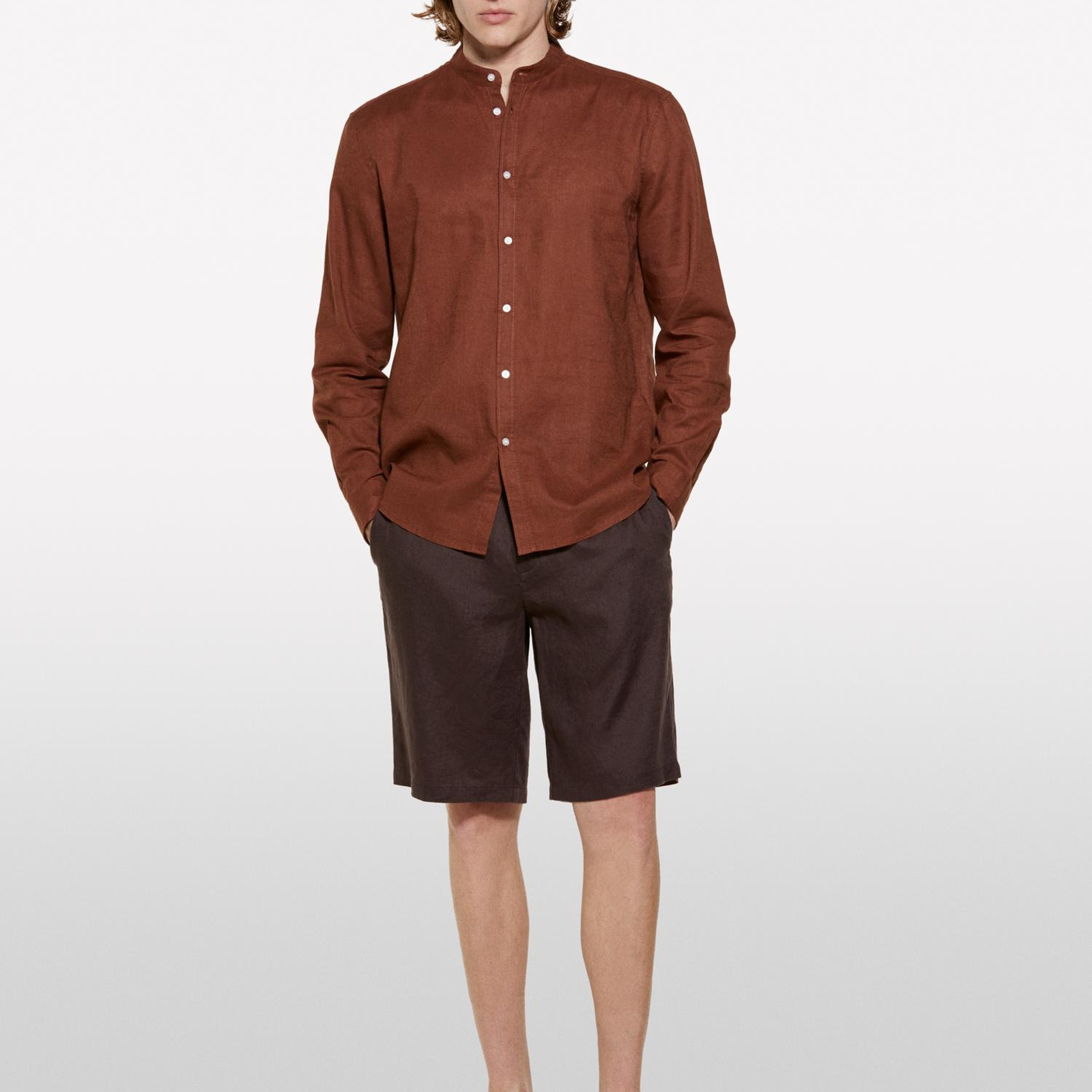 Erkek Koyu kahverengi %100 Keten Slim Fit Bermuda Şort