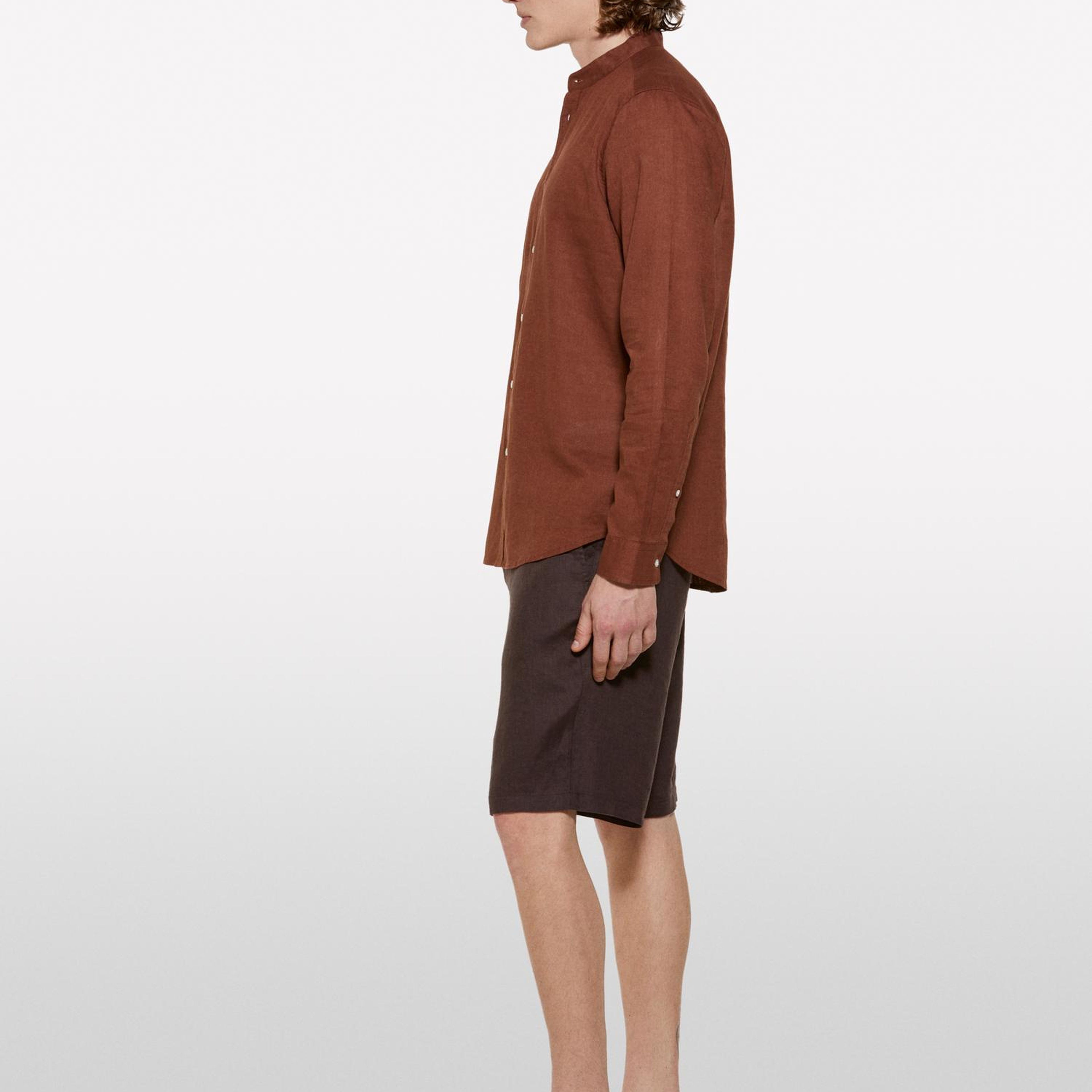 Erkek Koyu kahverengi %100 Keten Slim Fit Bermuda Şort