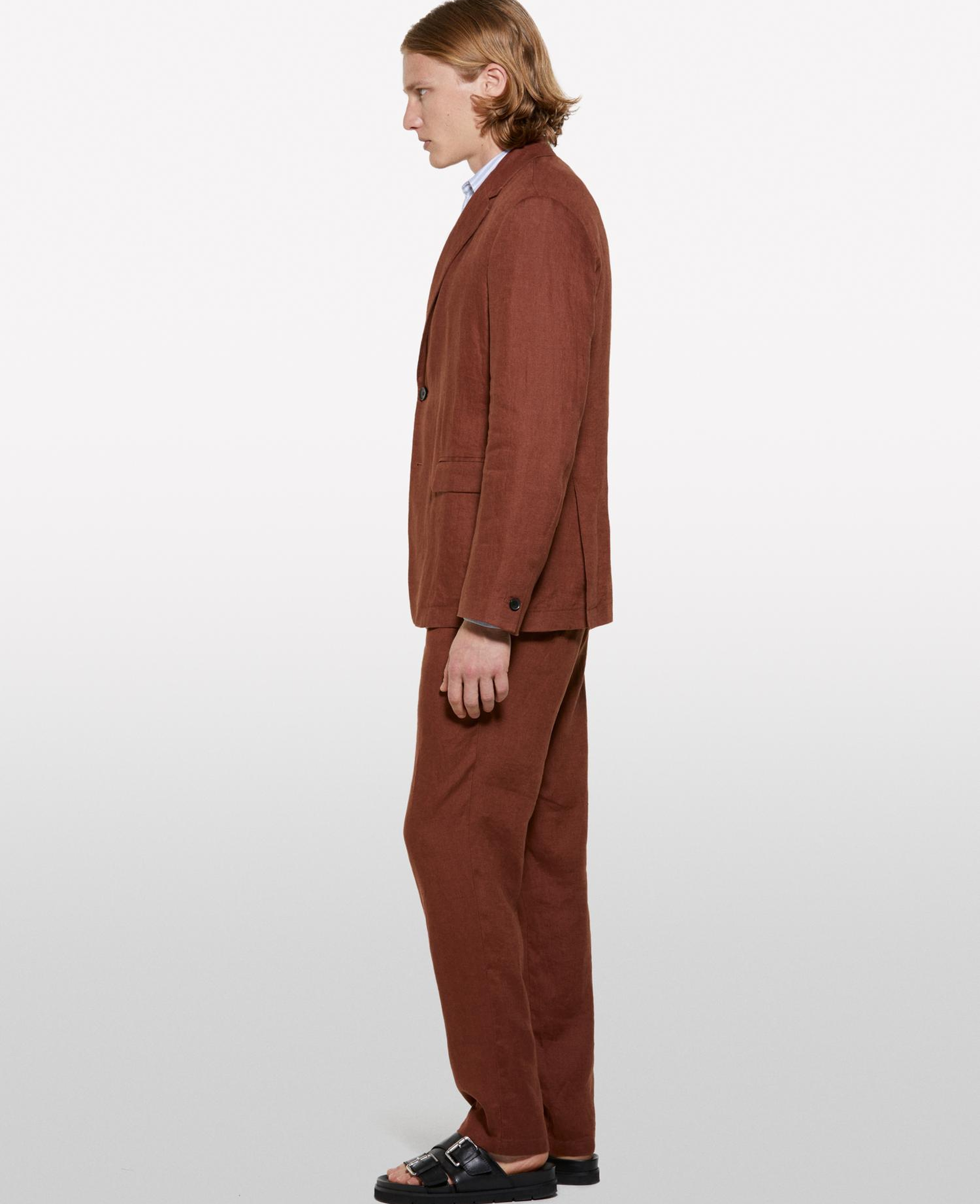 Erkek Kahverengi %100 Keten Slim Comfort Fit Pantolon