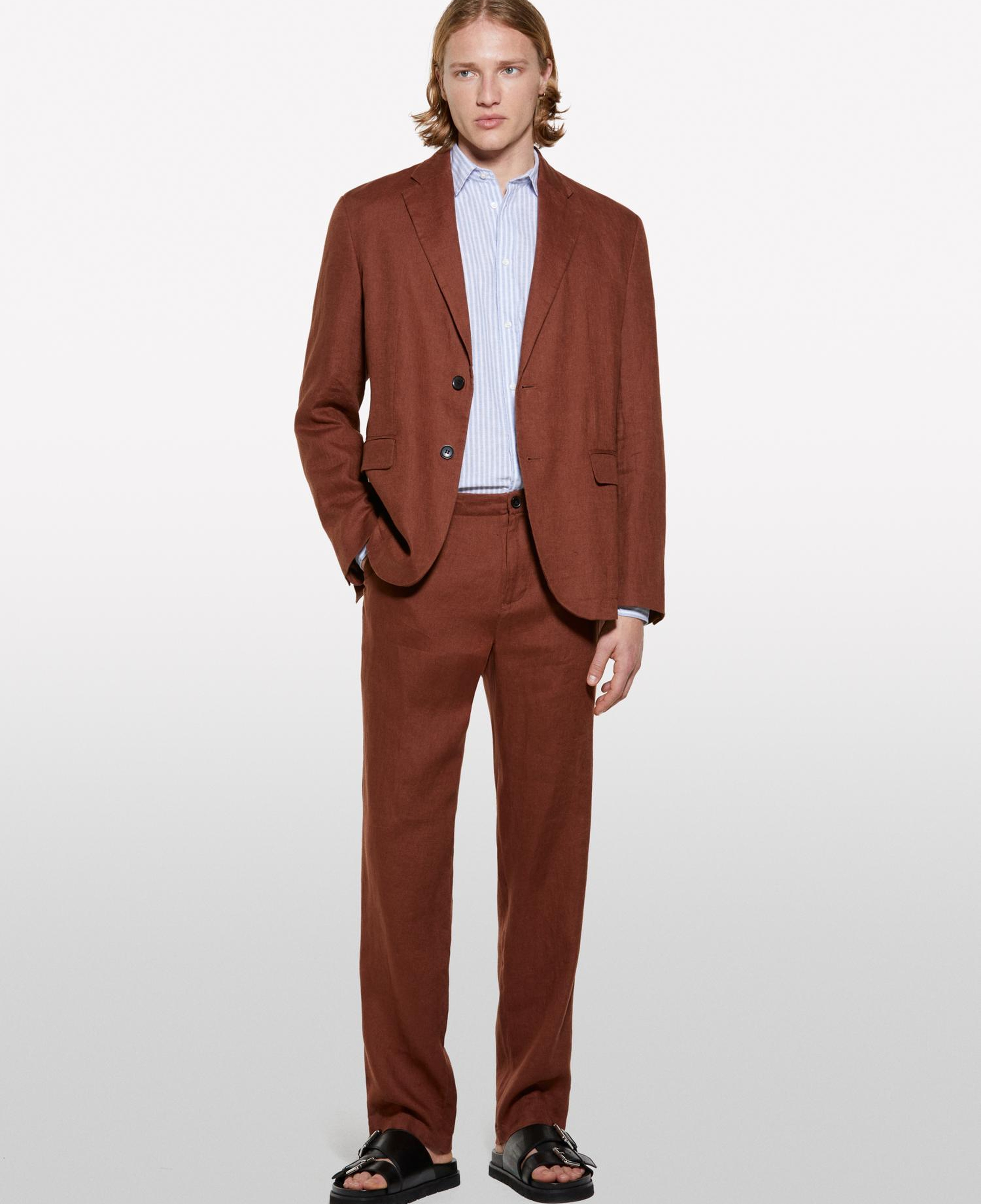 Erkek Kahverengi %100 Keten Slim Comfort Fit Pantolon