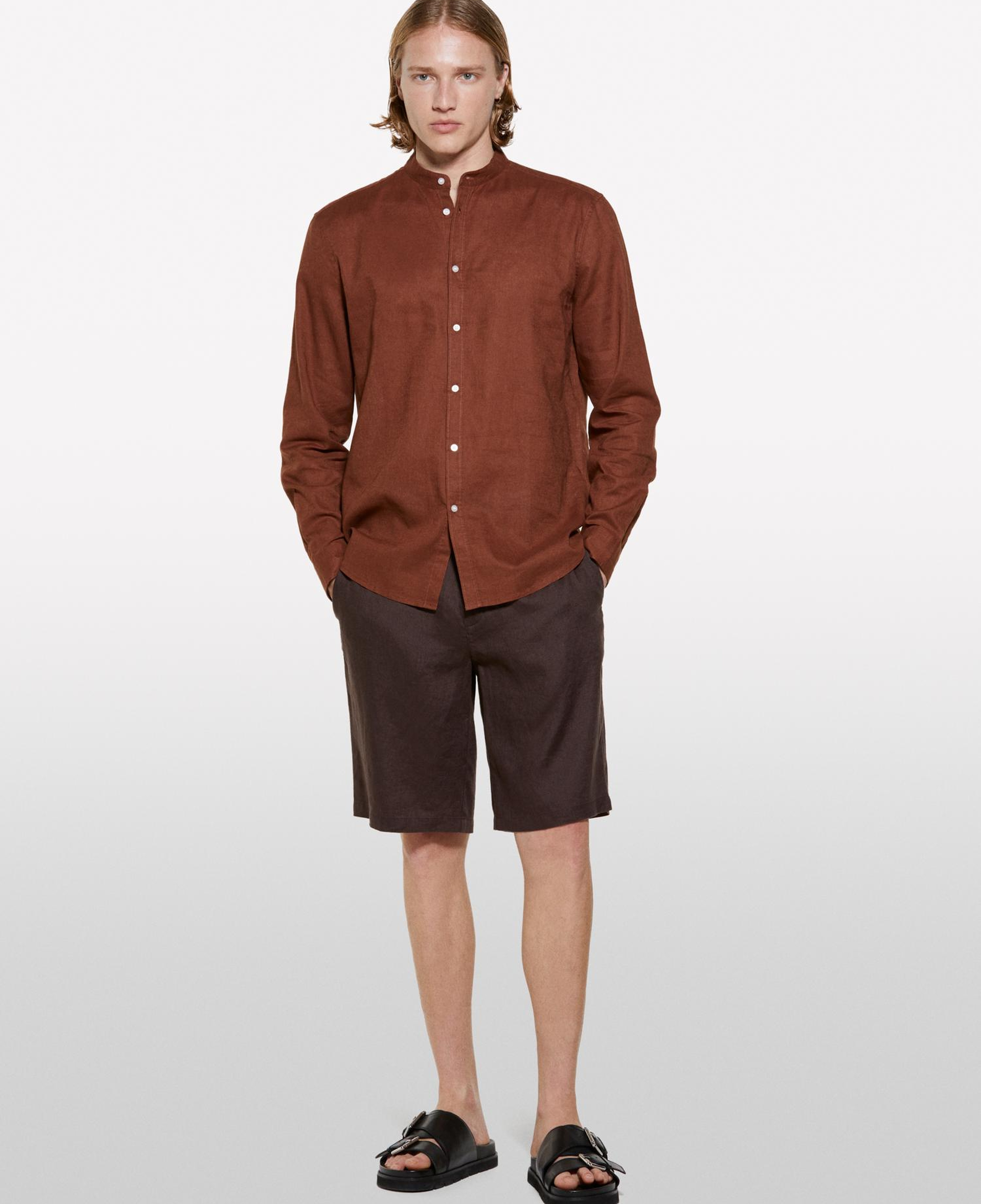 Erkek Koyu kahverengi %100 Keten Slim Fit Bermuda Şort