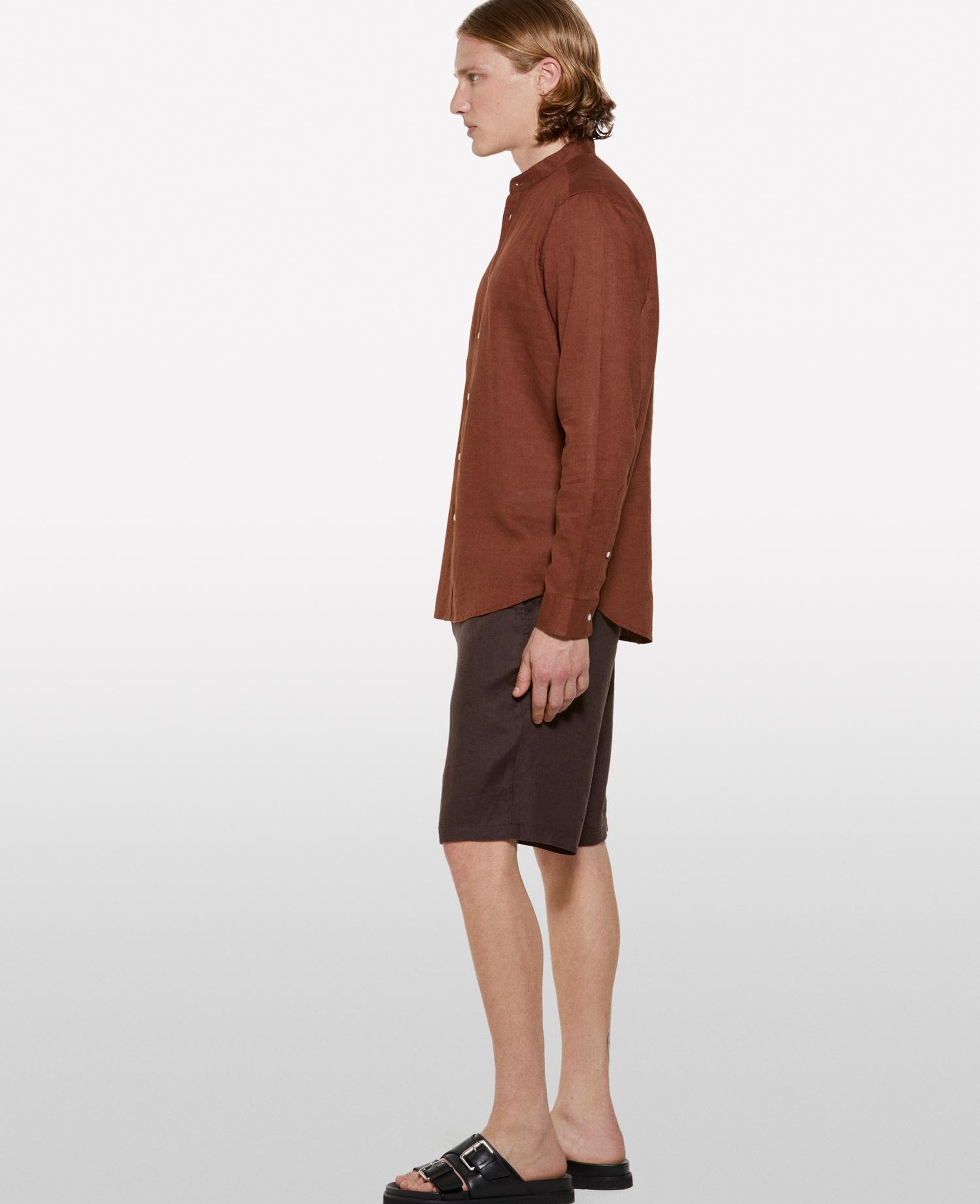 Erkek Koyu kahverengi %100 Keten Slim Fit Bermuda Şort