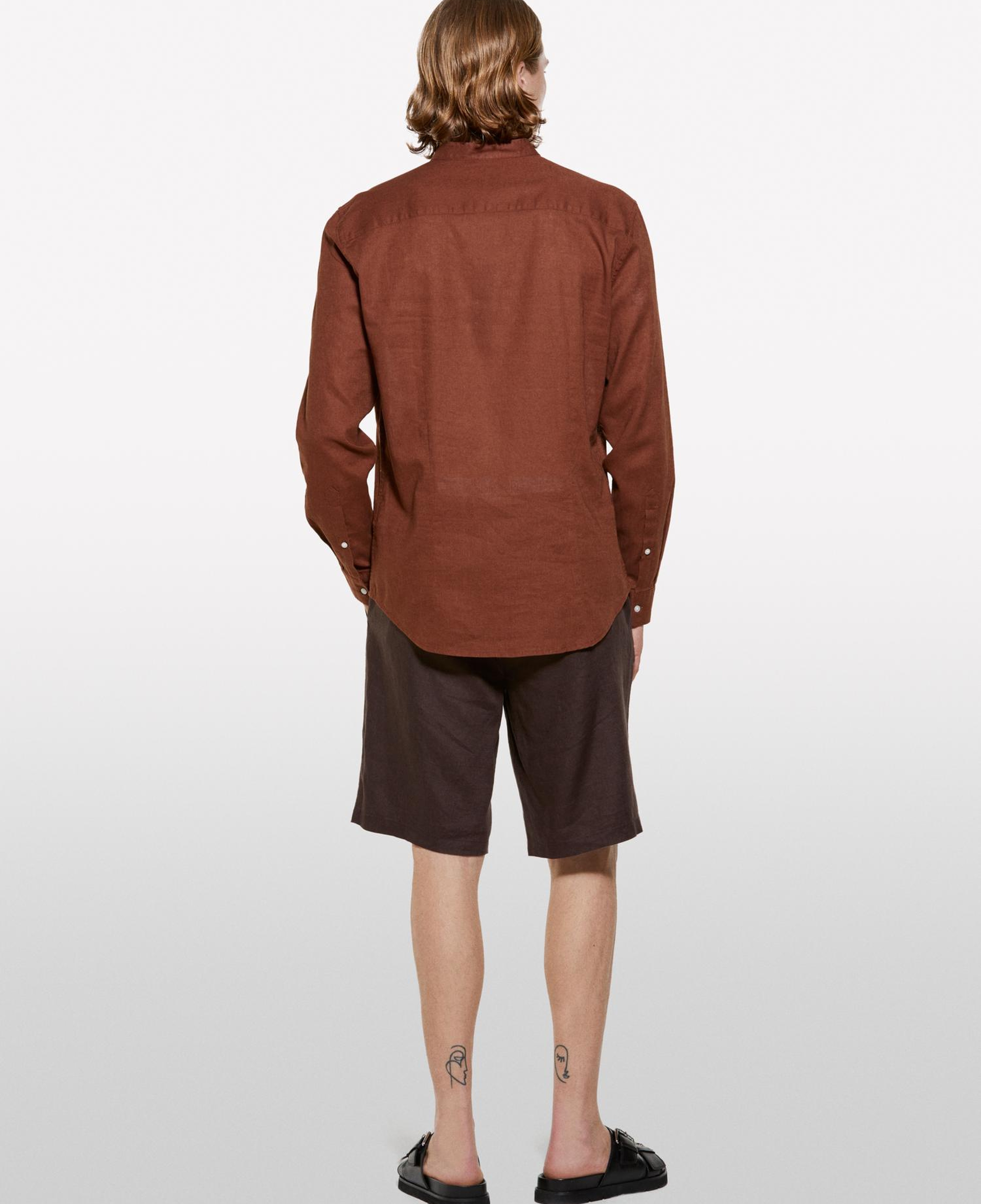 Erkek Koyu kahverengi %100 Keten Slim Fit Bermuda Şort