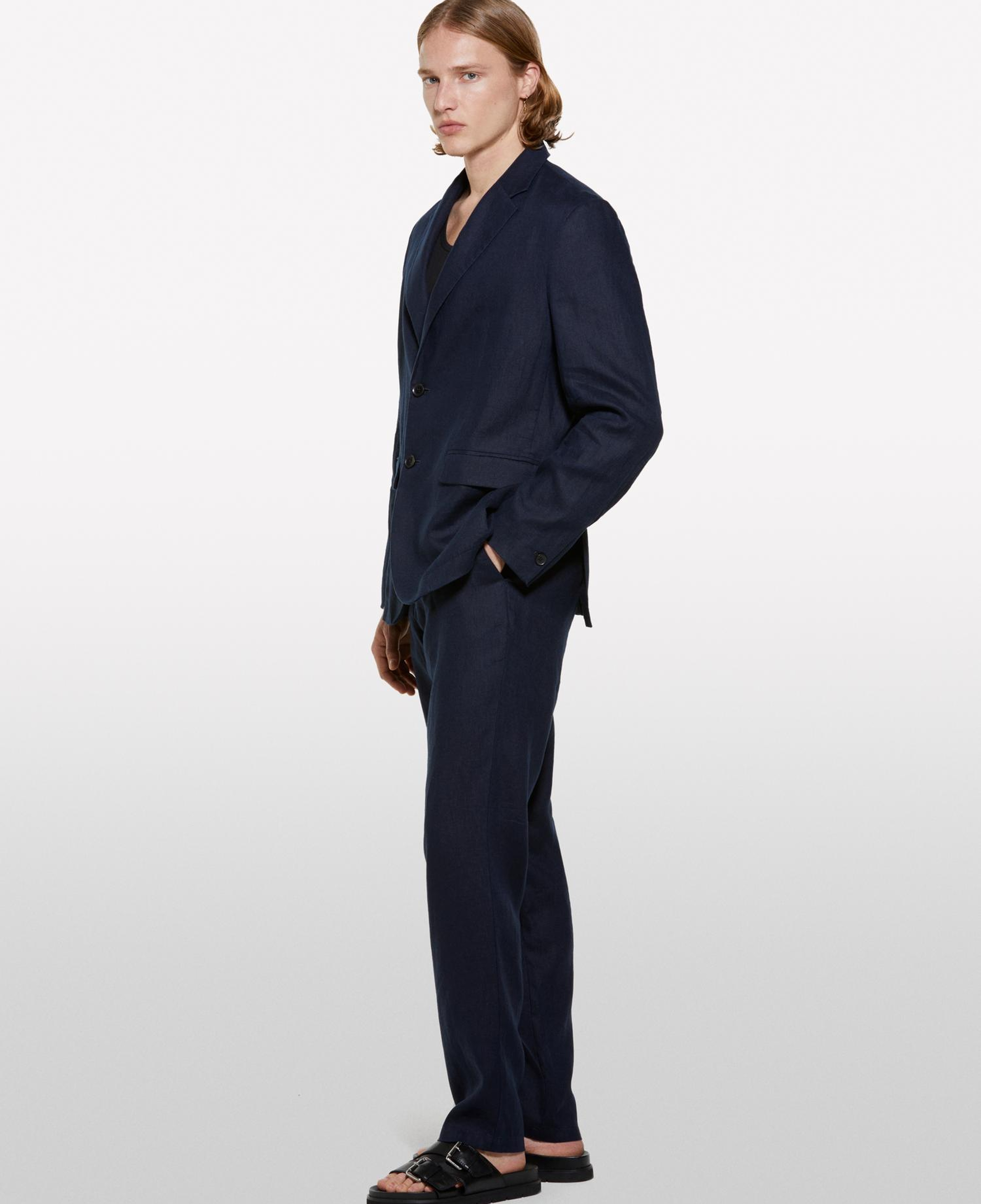 Erkek Koyu Lacivert %100 Keten Slim Comfort Fit Pantolon