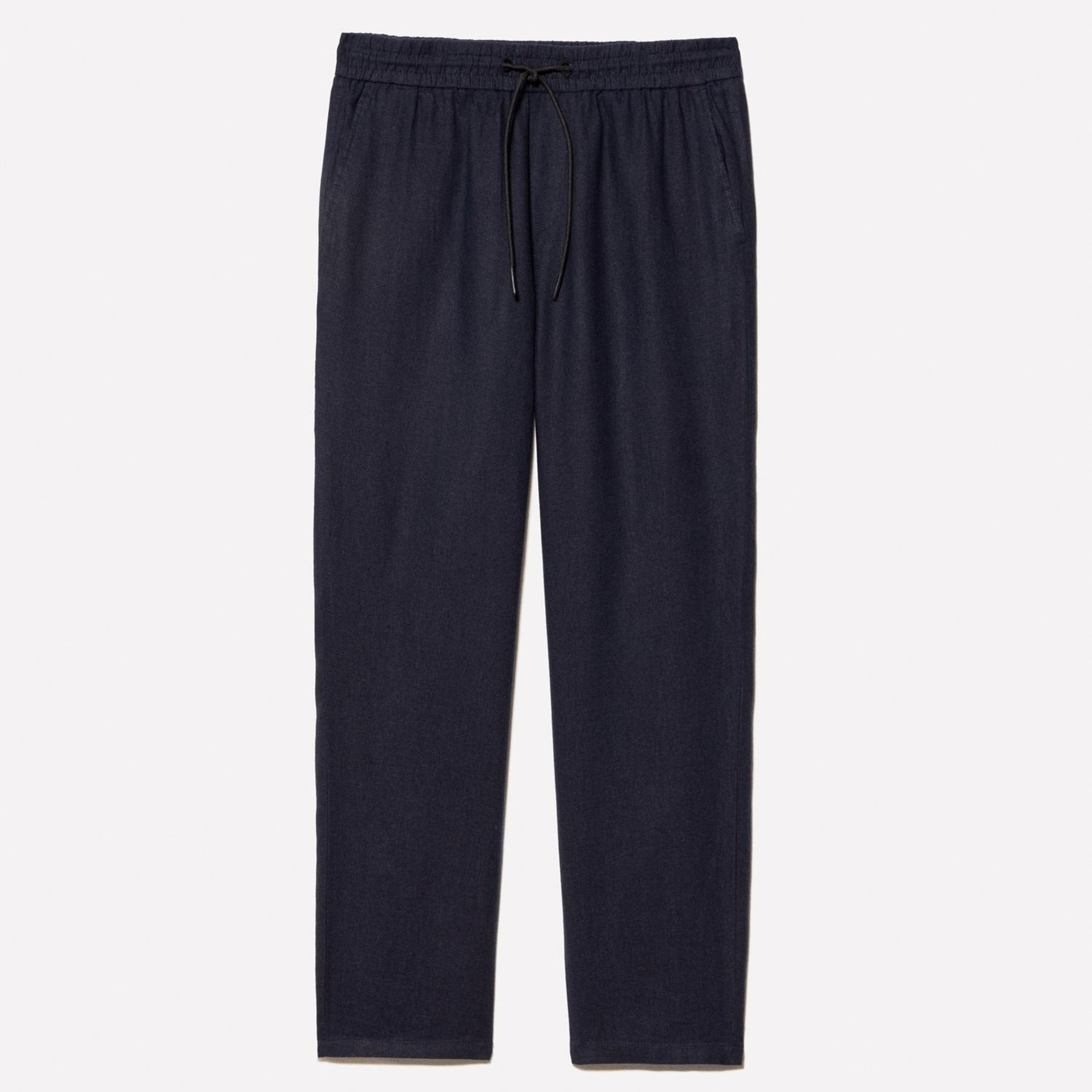 Erkek Koyu Lacivert %100 Keten Beli Büzgülü İpli Slim Fit Pantolon